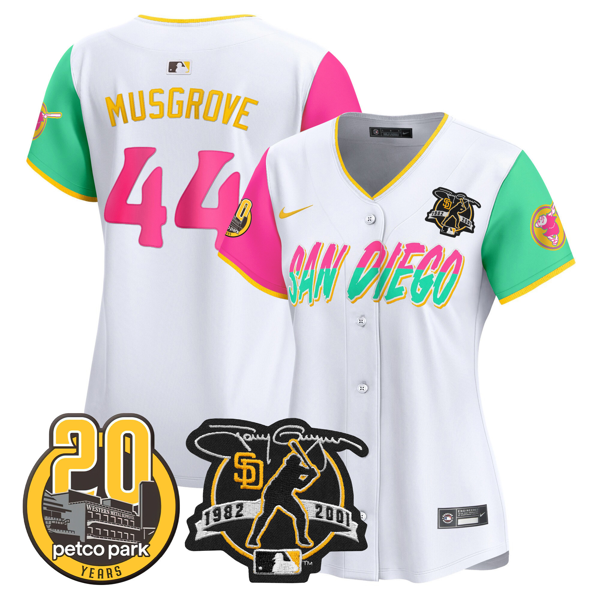Joe Musgrove Women's San Diego Padres Tony Gwynn & Petco Park 20th Patch Vapor Premier Limited City Connect Jersey - All Stitched