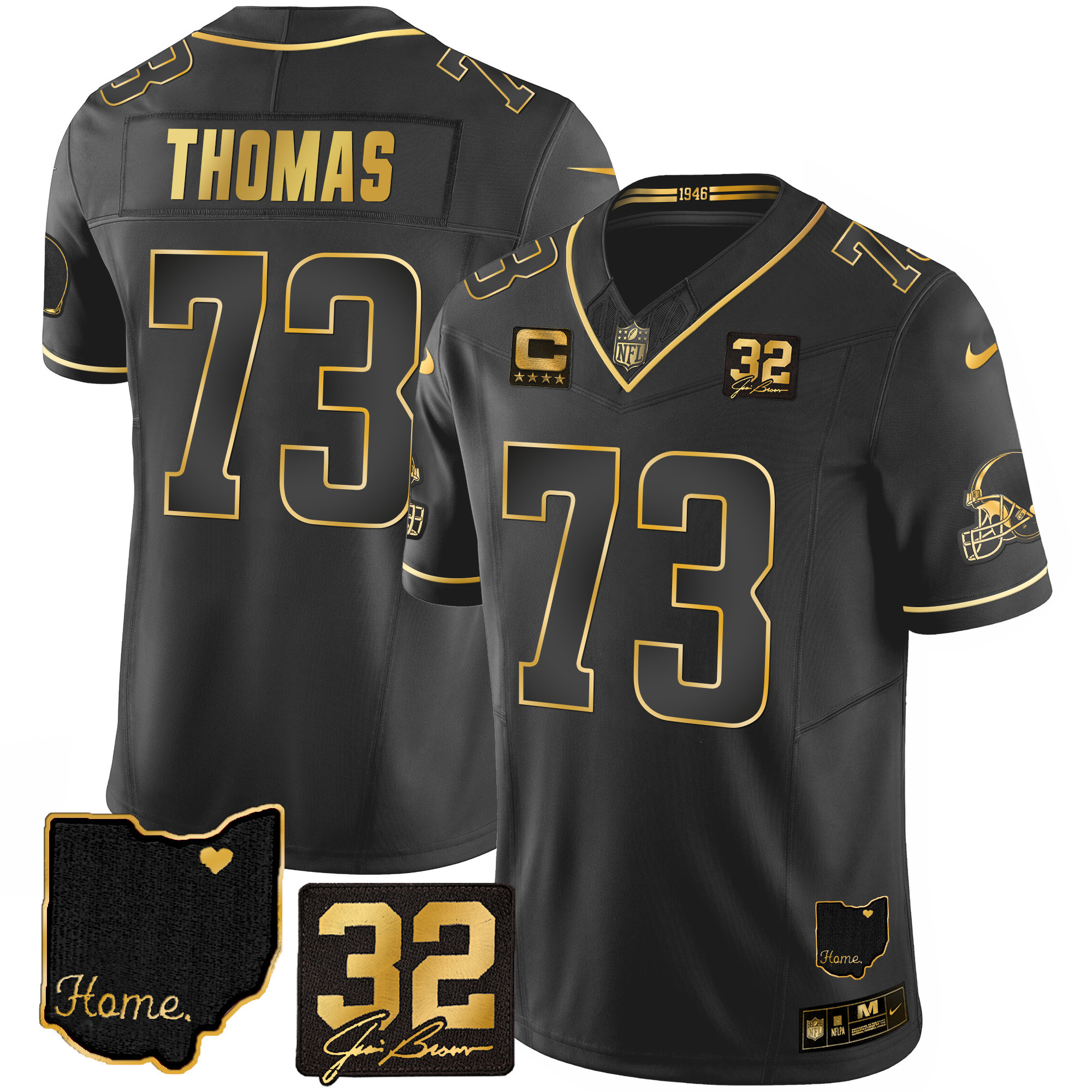 Joe Thomas Men's Cleveland Browns #32 Jim Brown Memorial & Home Patch Gold Black Gold Jersey - All Stitched