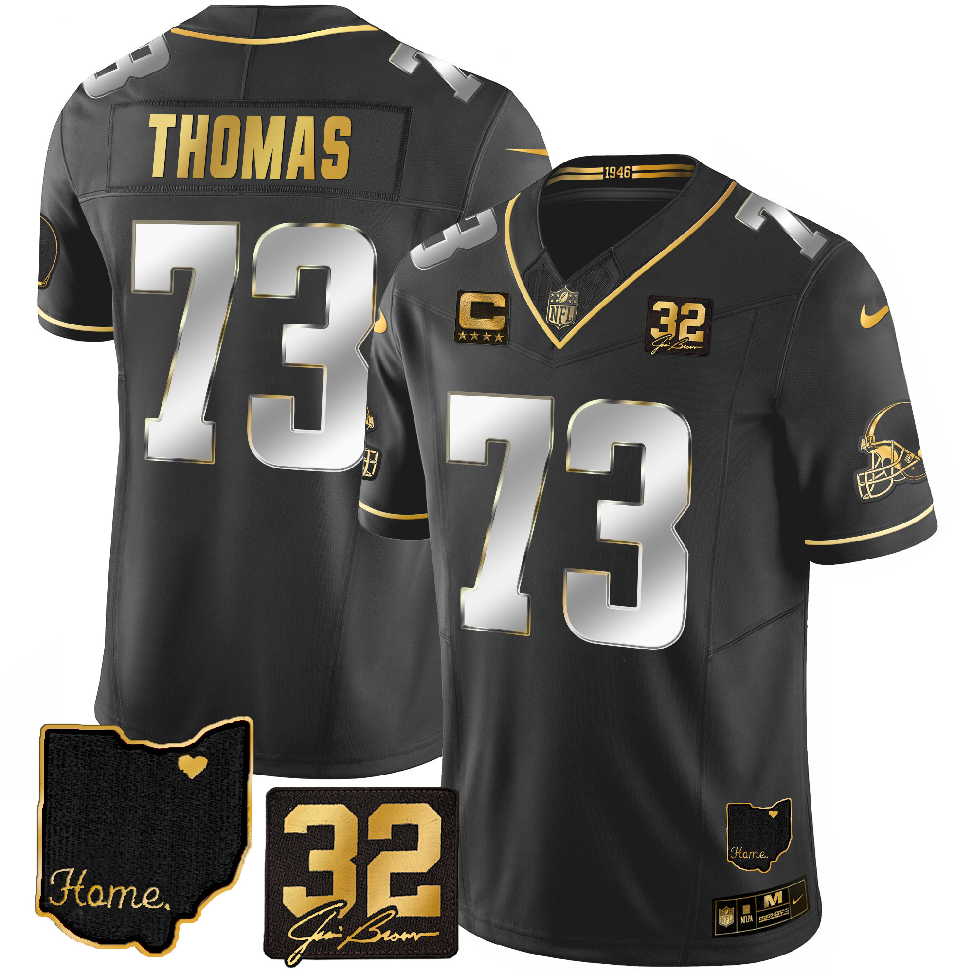 Joe Thomas Men's Cleveland Browns #32 Jim Brown Memorial & Home Patch Gold Black Limited Jersey - All Stitched