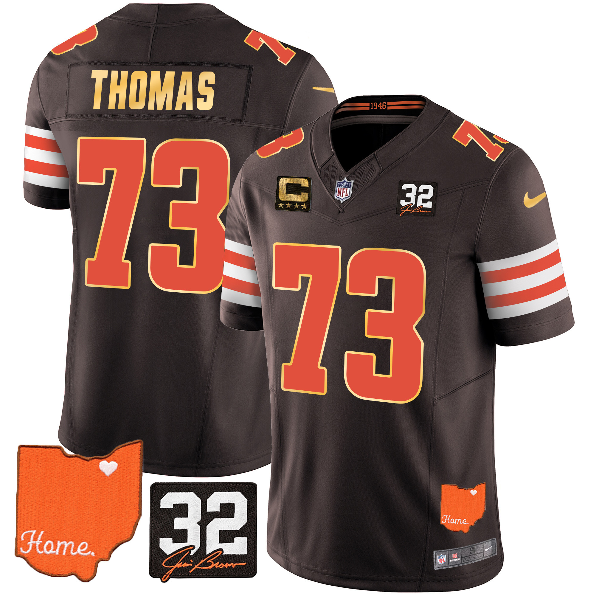 Joe Thomas Men's Cleveland Browns #32 Jim Brown Memorial & Home Patch Gold Trim Jersey - All Stitched