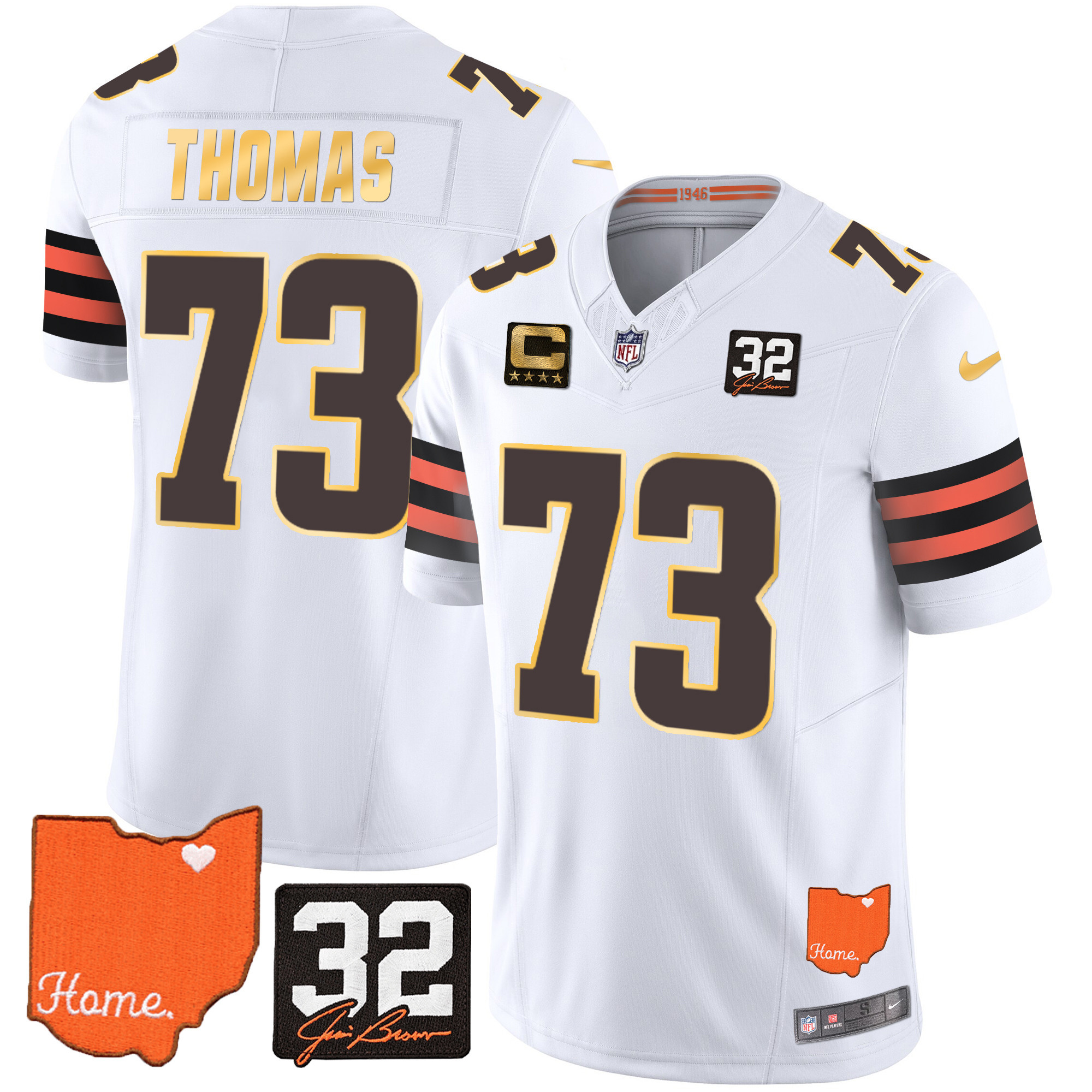 Joe Thomas Men's Cleveland Browns #32 Jim Brown Memorial & Home Patch Gold Trim White Jersey - All Stitched