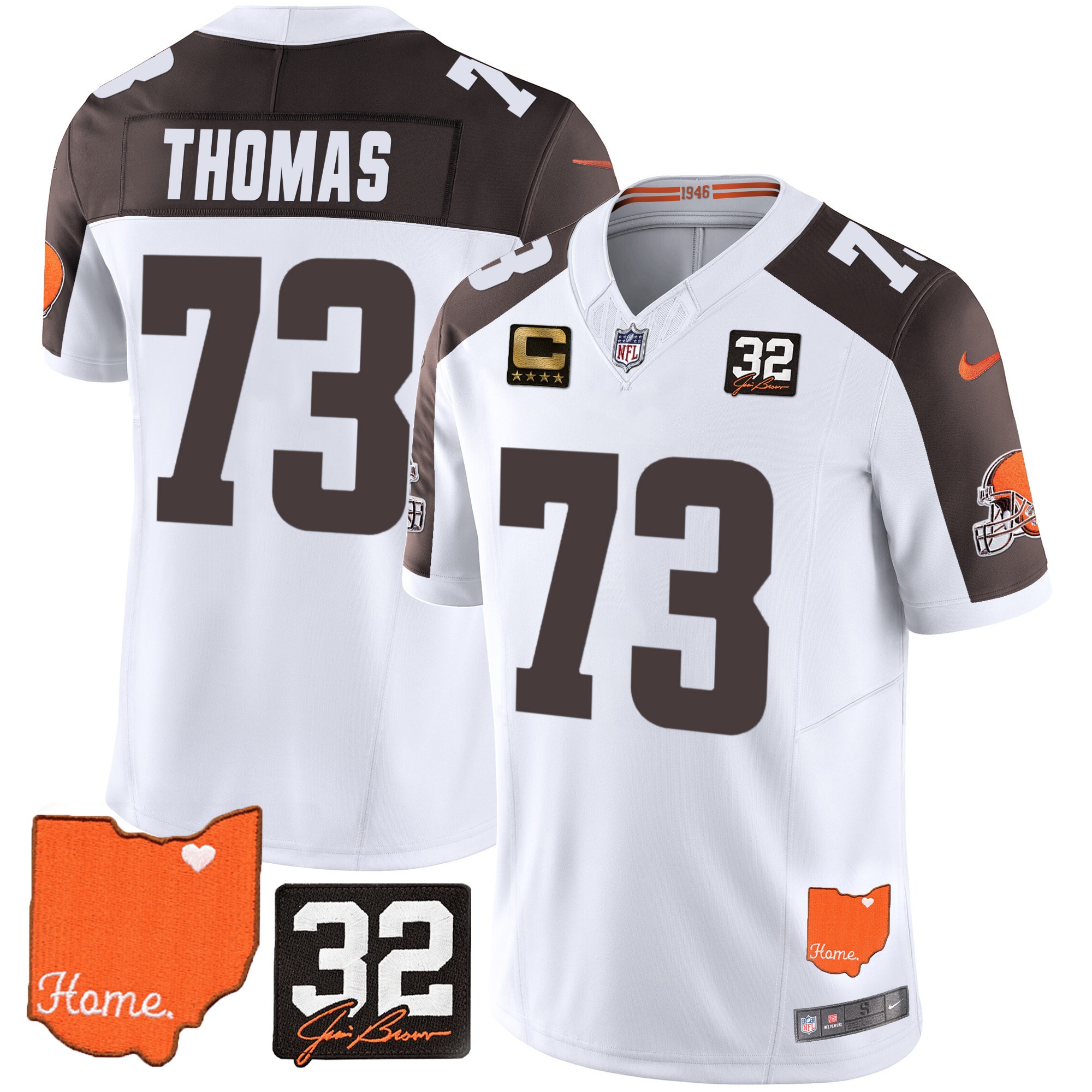 Joe Thomas Men's Cleveland Browns #32 Jim Brown Memorial & Home Patch Inverted Jersey - All Stitched