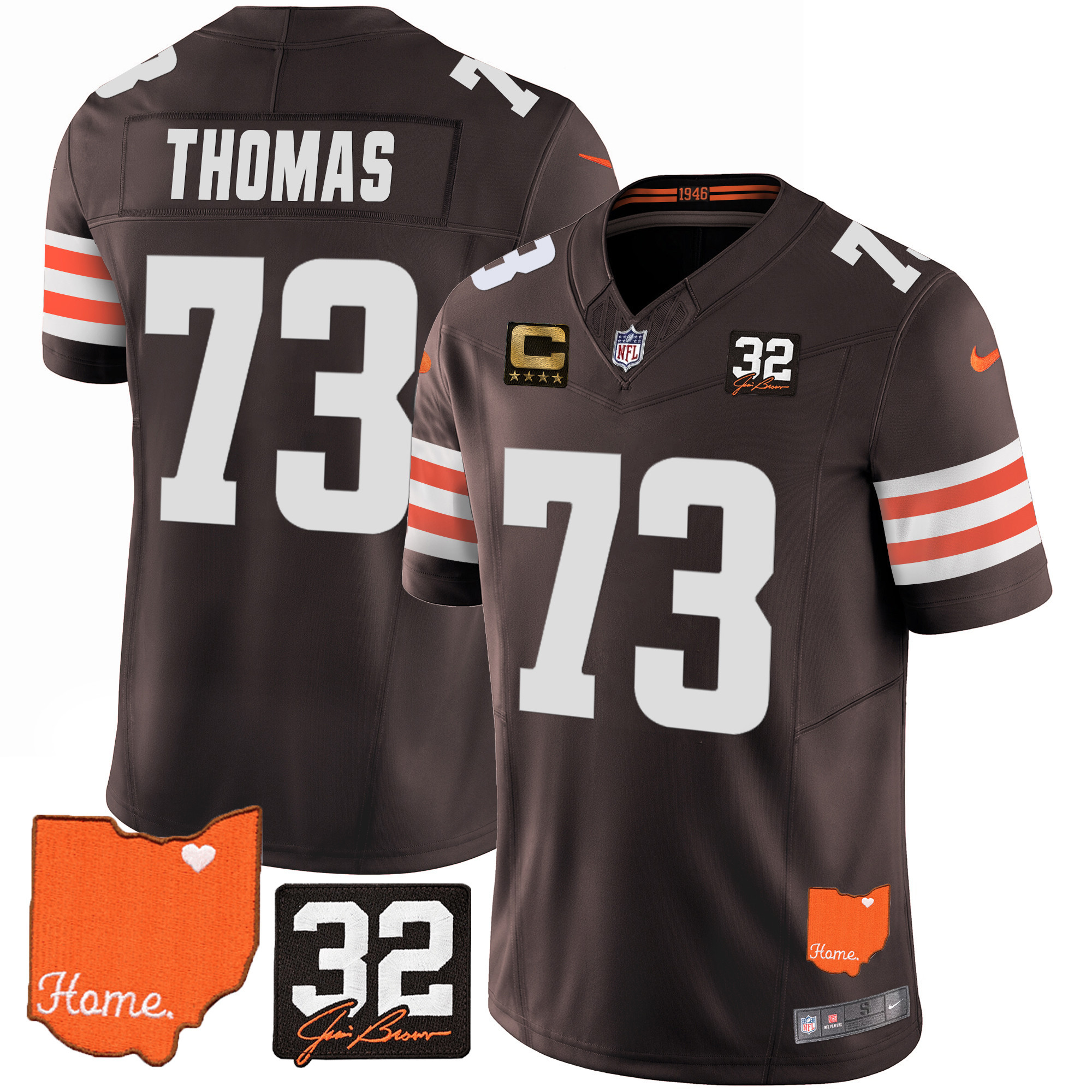 Joe Thomas Men's Cleveland Browns #32 Jim Brown Memorial & Home Patch Jersey - All Stitched