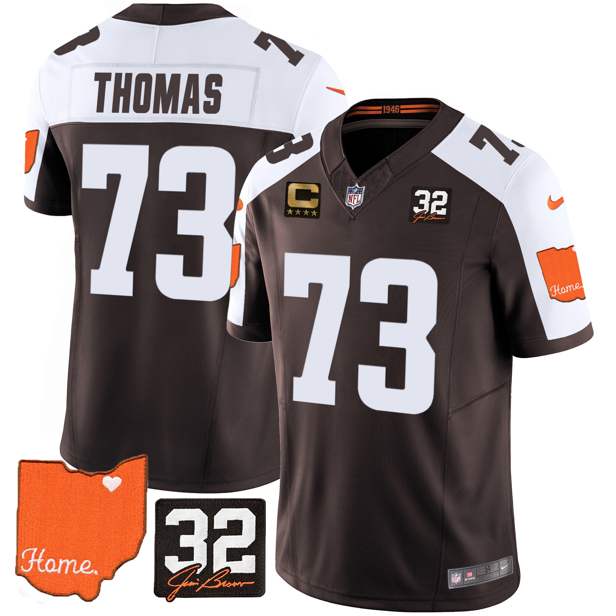 Joe Thomas Men's Cleveland Browns #32 Jim Brown Memorial & Home Patch V2 Alternate Jersey - All Stitched