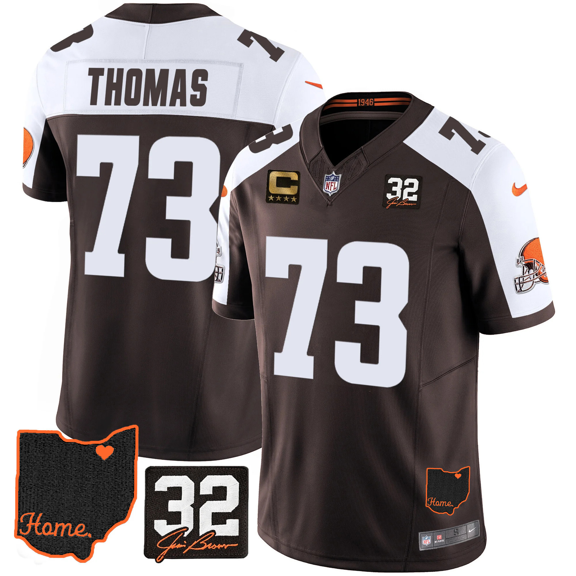 Joe Thomas Men's Cleveland Browns #32 Jim Brown Memorial & Home Patch V3 Alternate Jersey - All Stitched