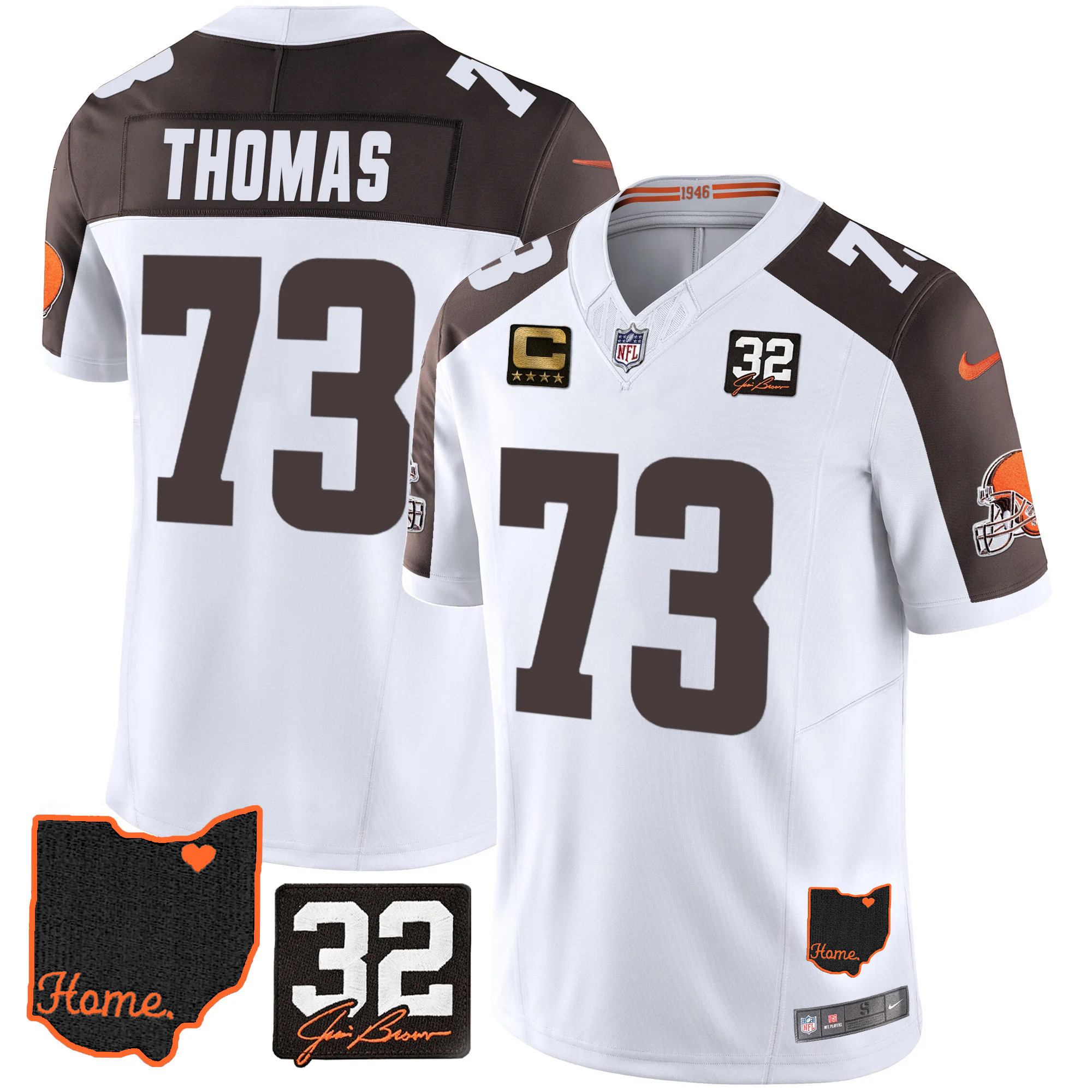 Joe Thomas Men's Cleveland Browns #32 Jim Brown Memorial & Home Patch V3 Inverted Jersey - All Stitched