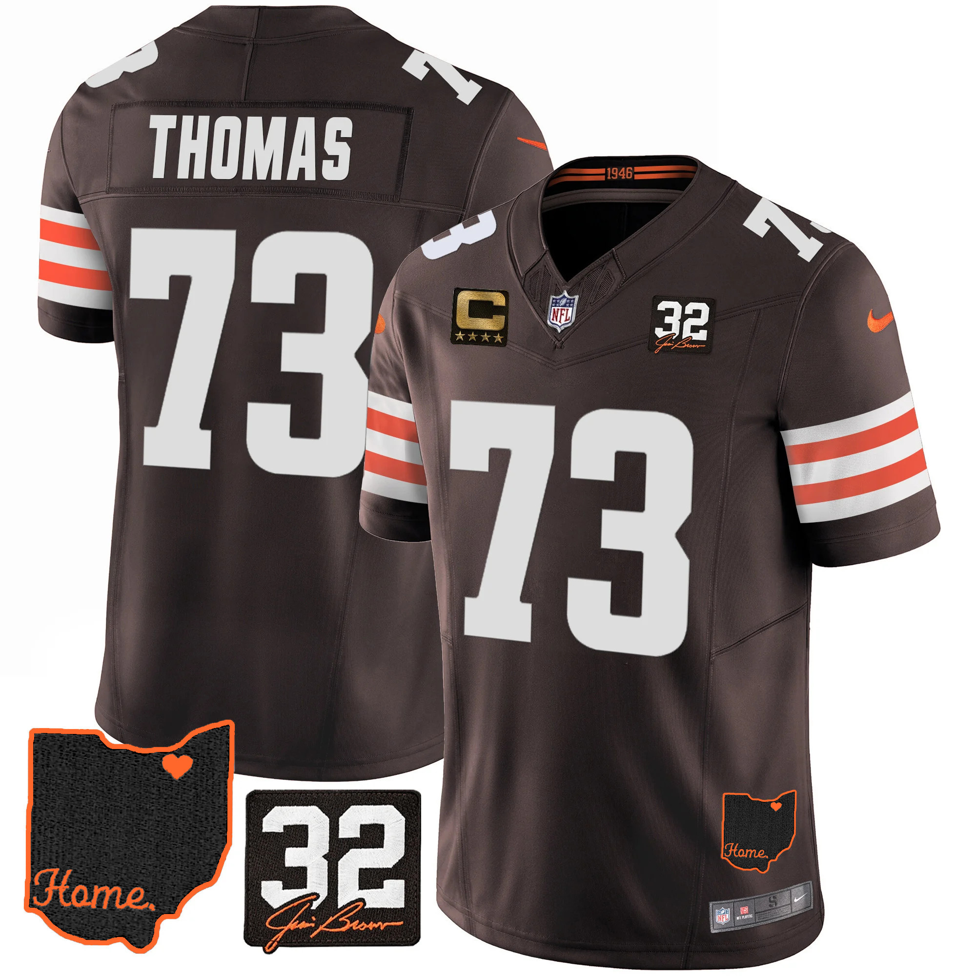 Joe Thomas Men's Cleveland Browns #32 Jim Brown Memorial & Home Patch V3 Jersey - All Stitched