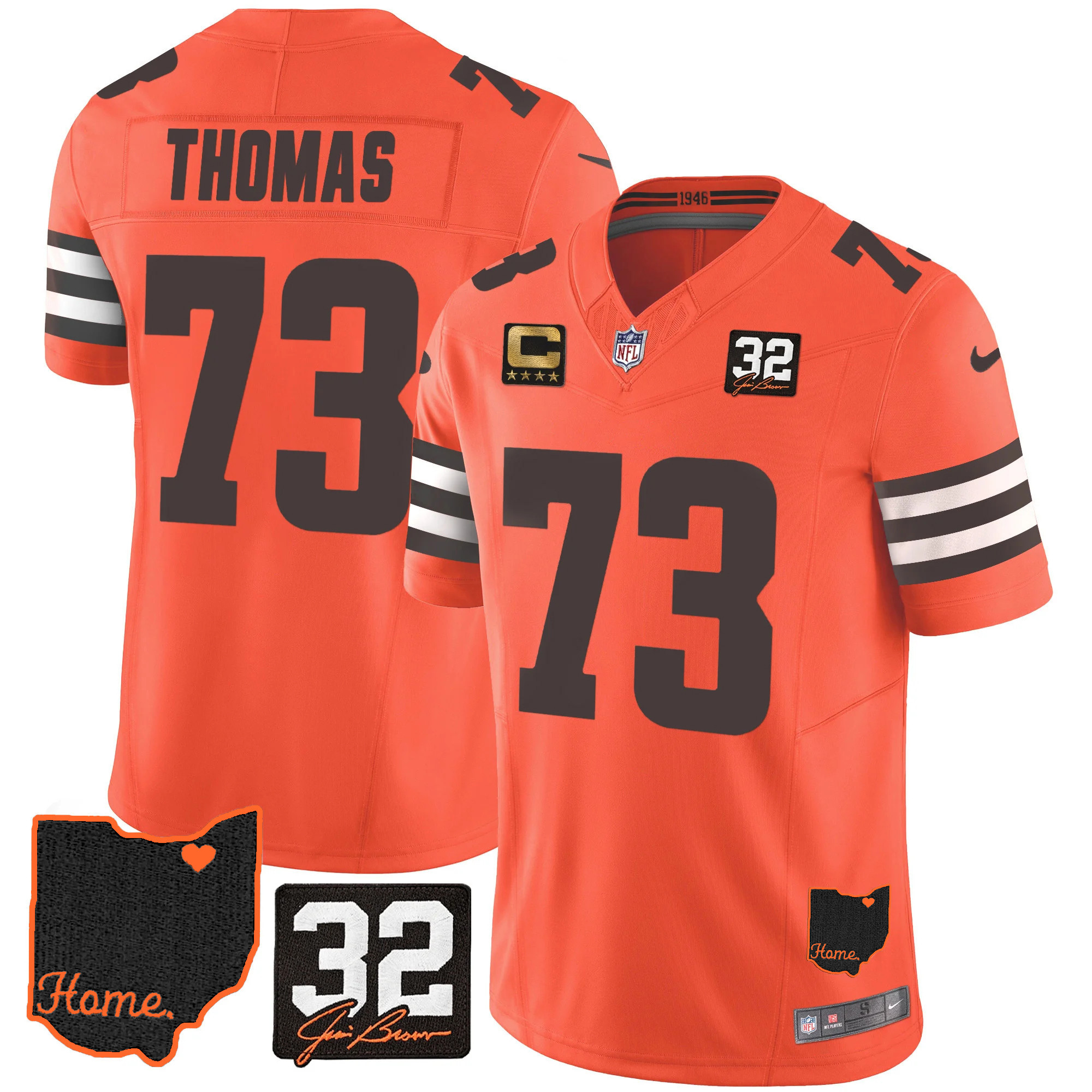 Joe Thomas Men's Cleveland Browns #32 Jim Brown Memorial & Home Patch V3 Orange Jersey - All Stitched
