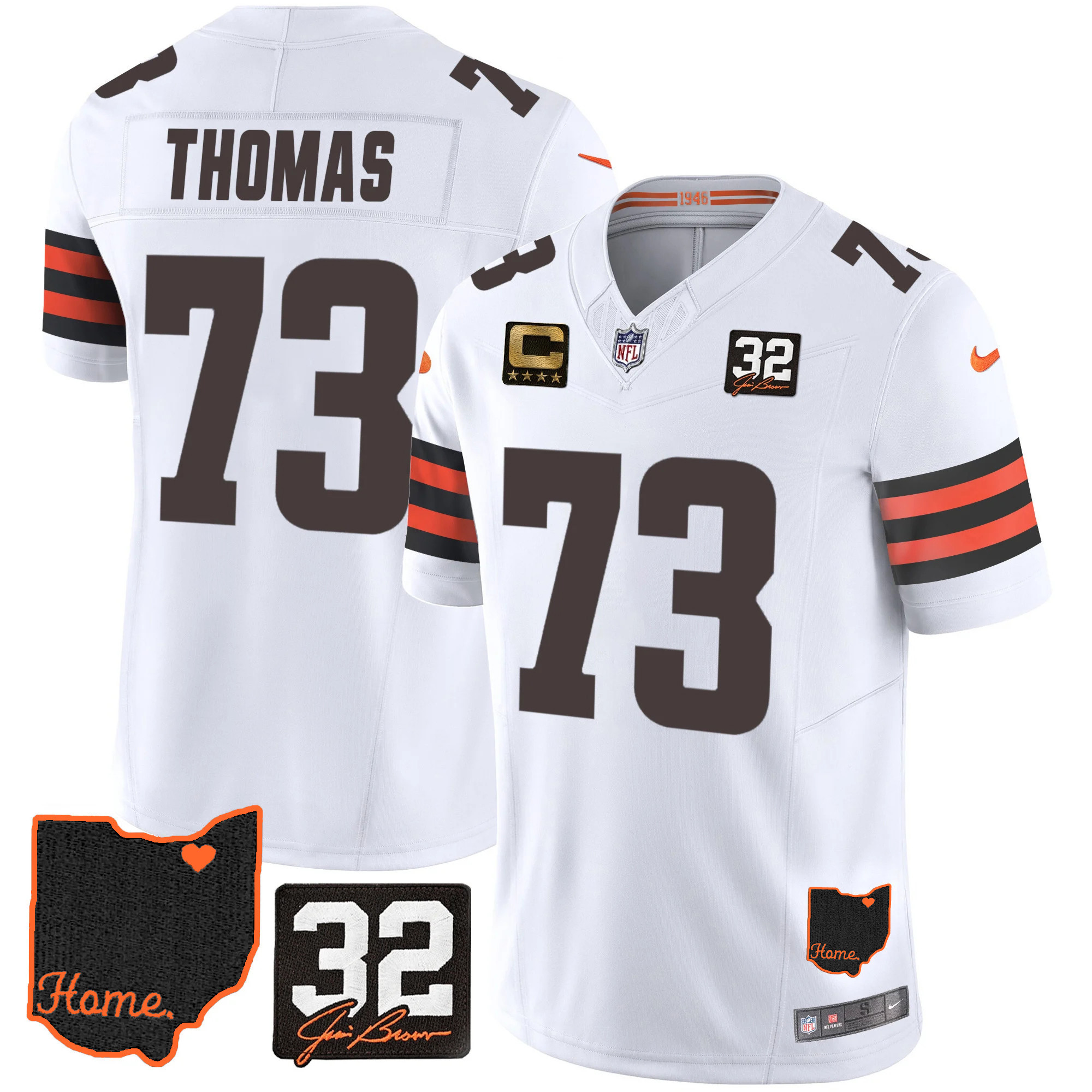 Joe Thomas Men's Cleveland Browns #32 Jim Brown Memorial & Home Patch V3 White Jersey - All Stitched