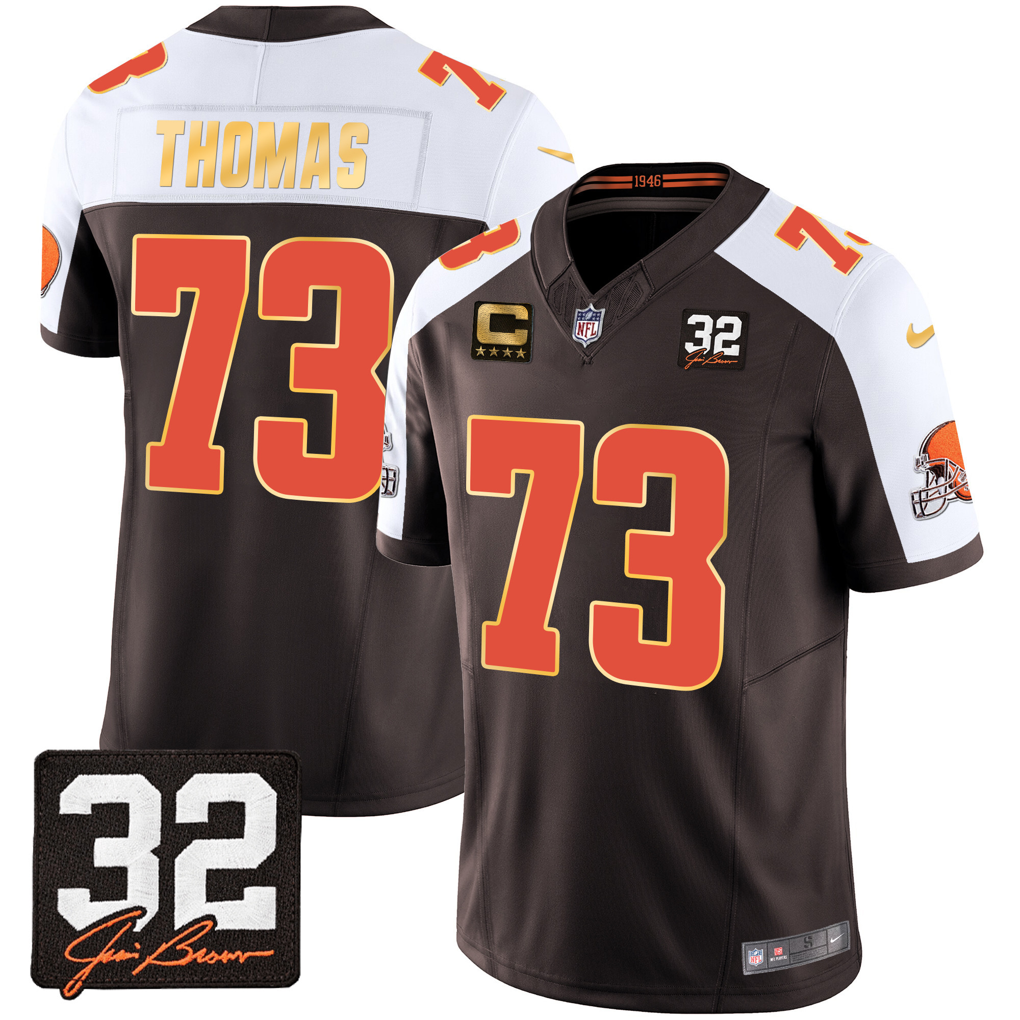 Joe Thomas Men's Cleveland Browns #32 Jim Brown Memorial Patch Gold Trim Alternate Jersey - All Stitched