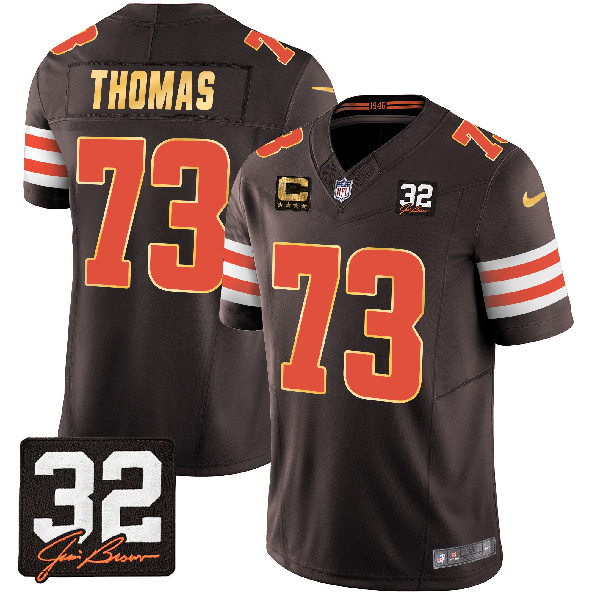 Joe Thomas Men's Cleveland Browns #32 Jim Brown Memorial Patch Gold Trim Jersey - All Stitched