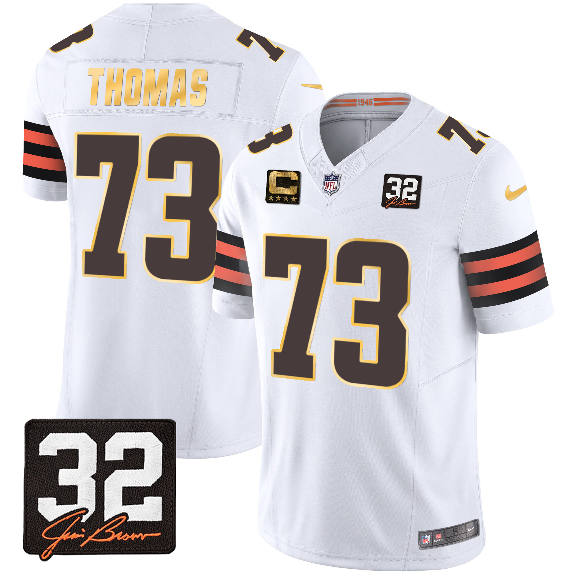 Joe Thomas Men's Cleveland Browns #32 Jim Brown Memorial Patch Gold Trim White Jersey - All Stitched