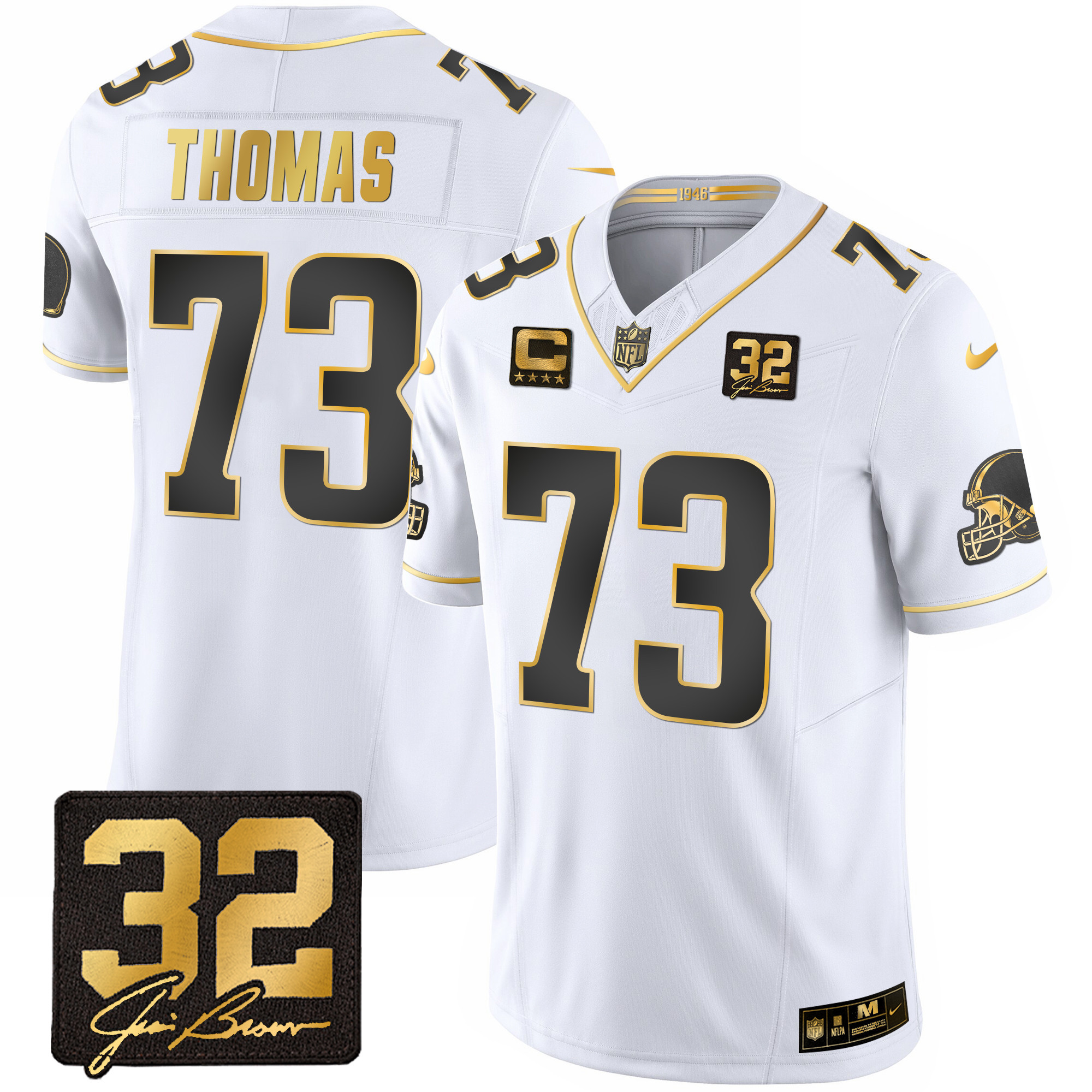 Joe Thomas Men's Cleveland Browns #32 Jim Brown Memorial Patch Gold White Gold Jersey - All Stitched