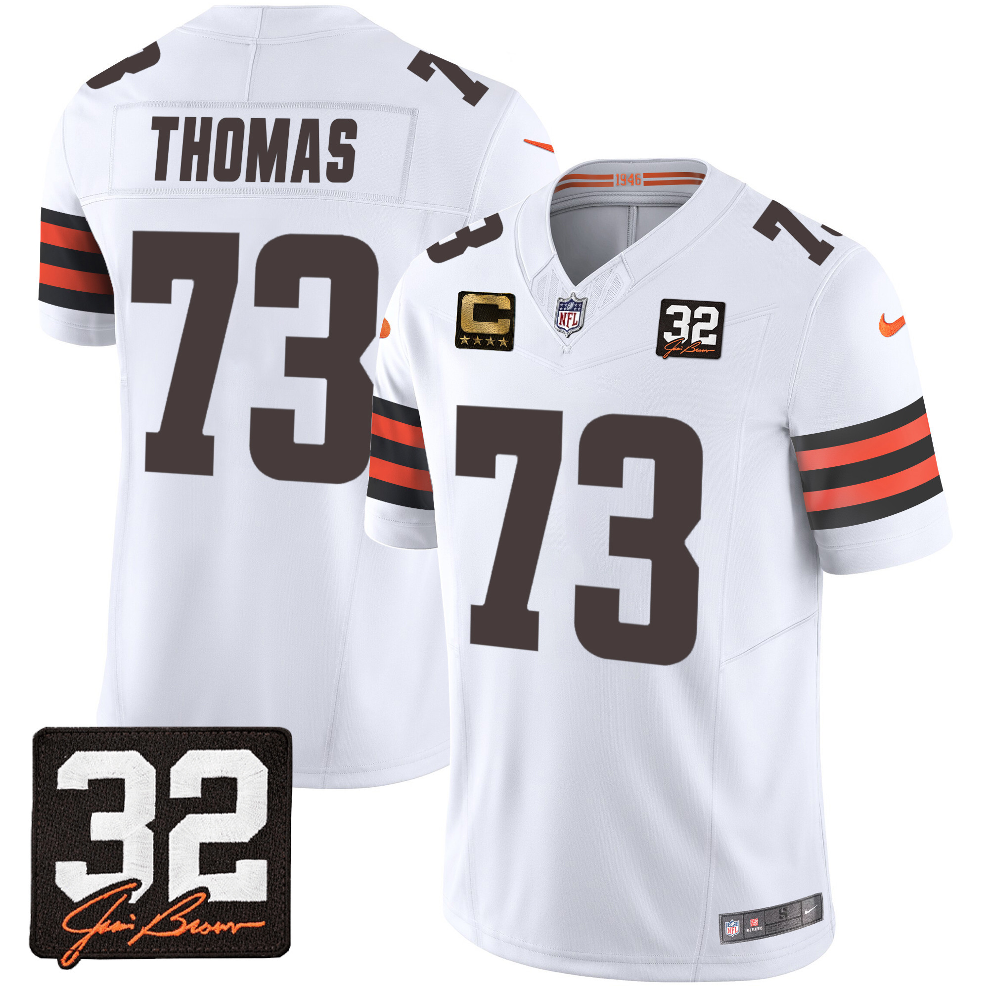 Joe Thomas Men's Cleveland Browns #32 Jim Brown Memorial Patch White Jersey - All Stitched