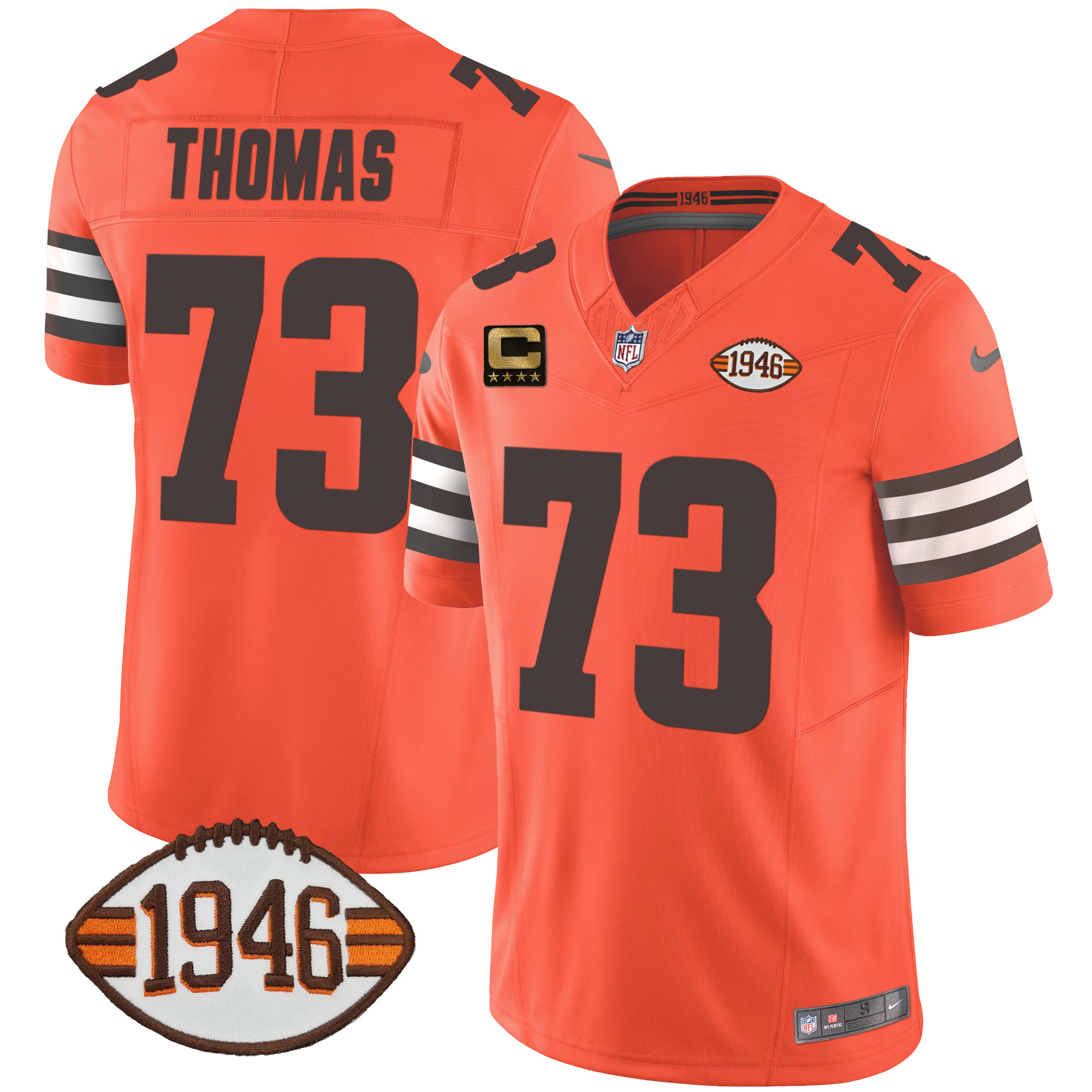Joe Thomas Men's Cleveland Browns 1946 75th Anniversary Patch Orange Jersey - All Stitched