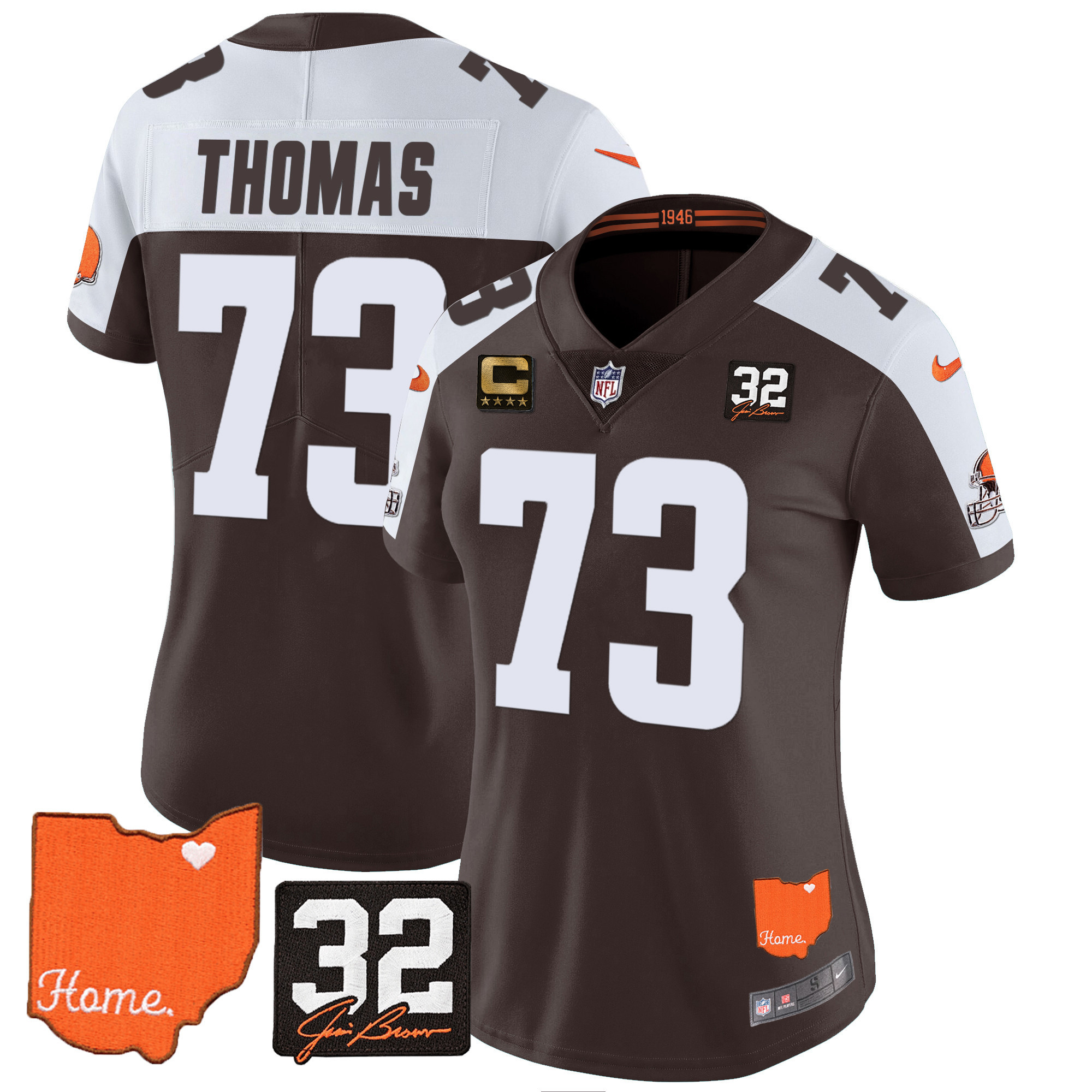 Joe Thomas Women's Cleveland Browns #32 Jim Brown Memorial & Home Patch Alternate Jersey - All Stitched