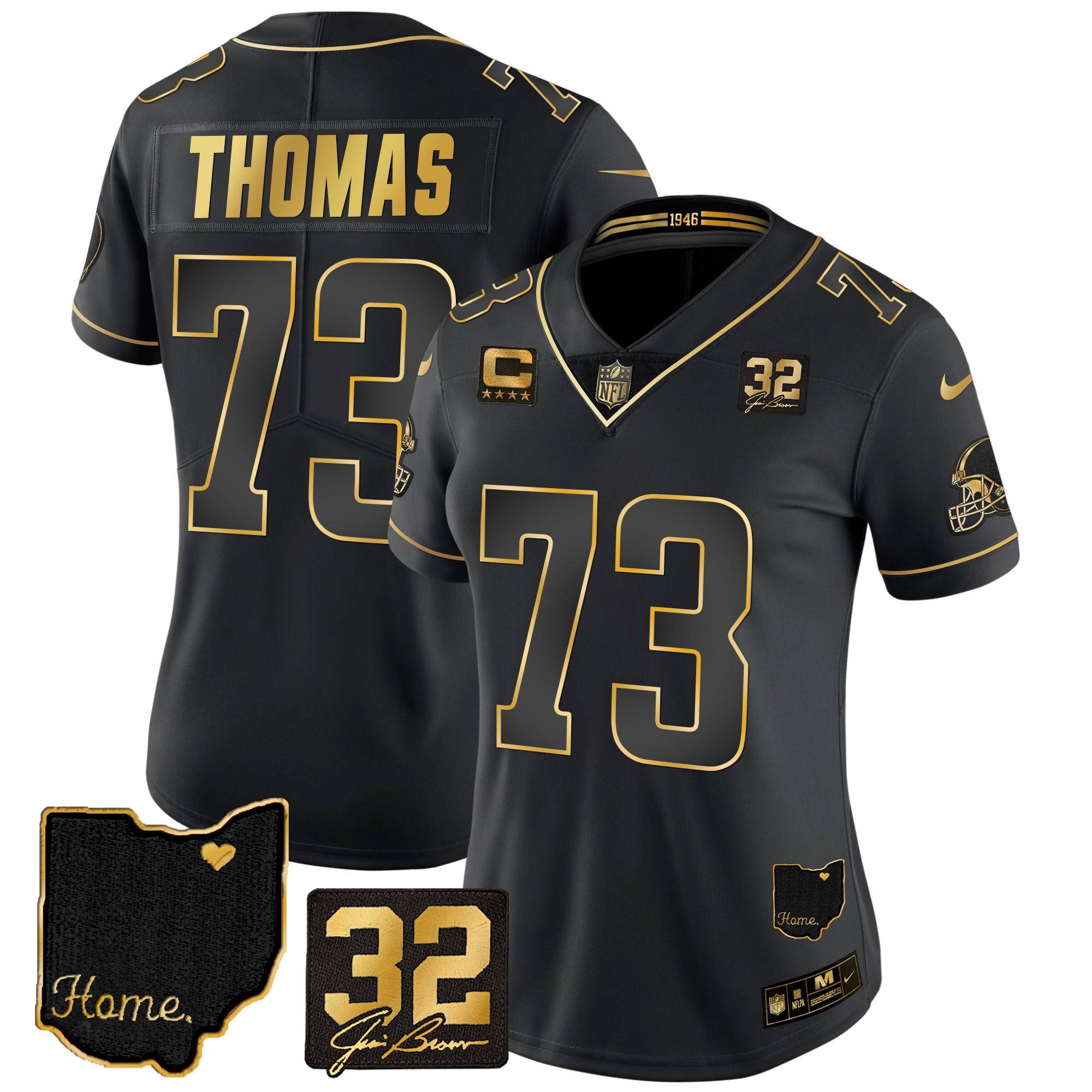 Joe Thomas Women's Cleveland Browns #32 Jim Brown Memorial & Home Patch Gold Black Gold Jersey - All Stitched