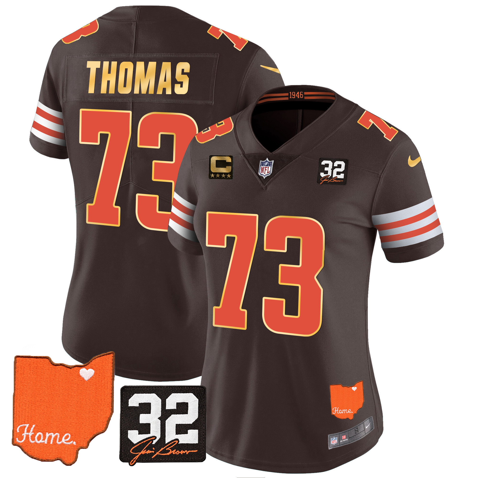 Joe Thomas Women's Cleveland Browns #32 Jim Brown Memorial & Home Patch Gold Trim Jersey - All Stitched