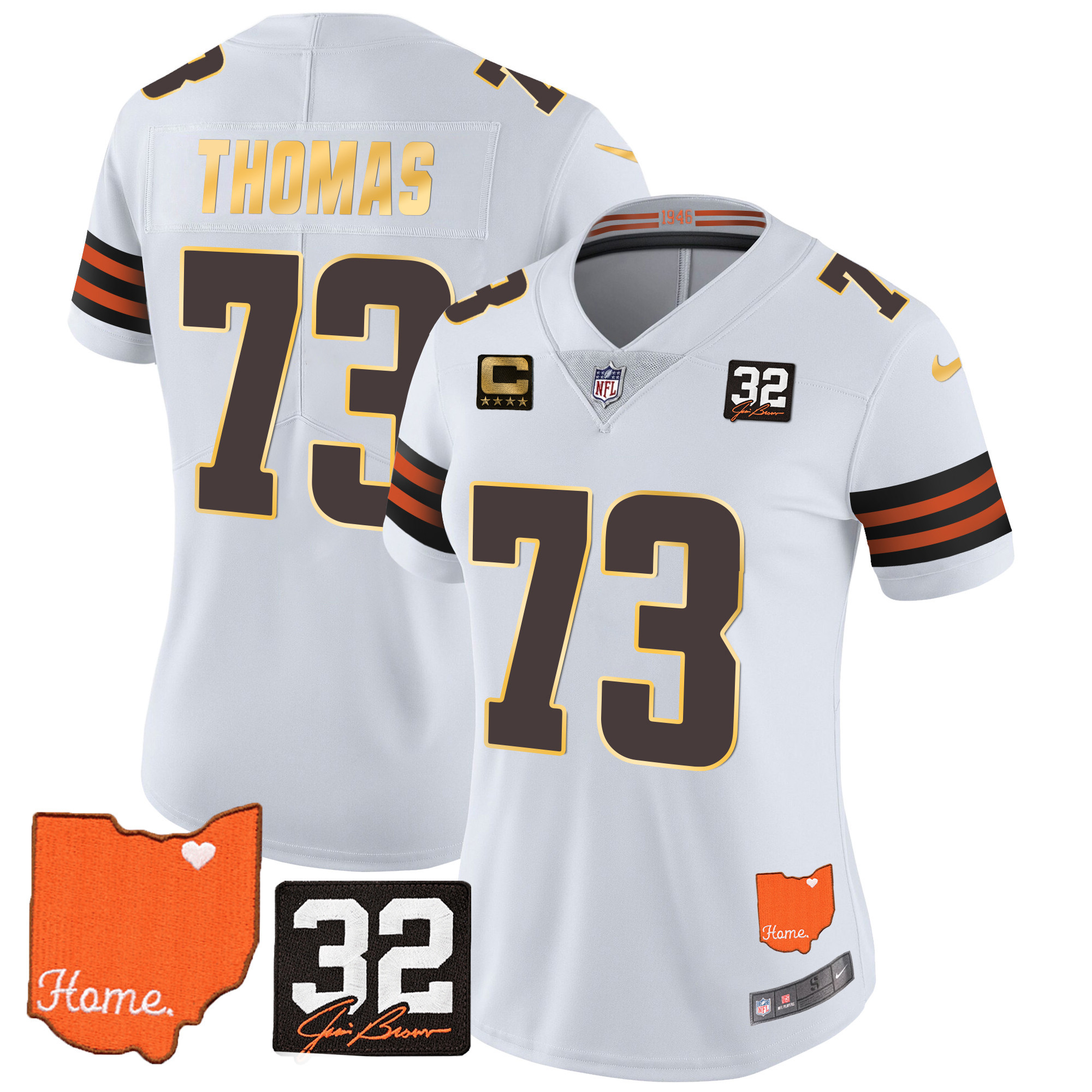 Joe Thomas Women's Cleveland Browns #32 Jim Brown Memorial & Home Patch Gold Trim White Jersey - All Stitched
