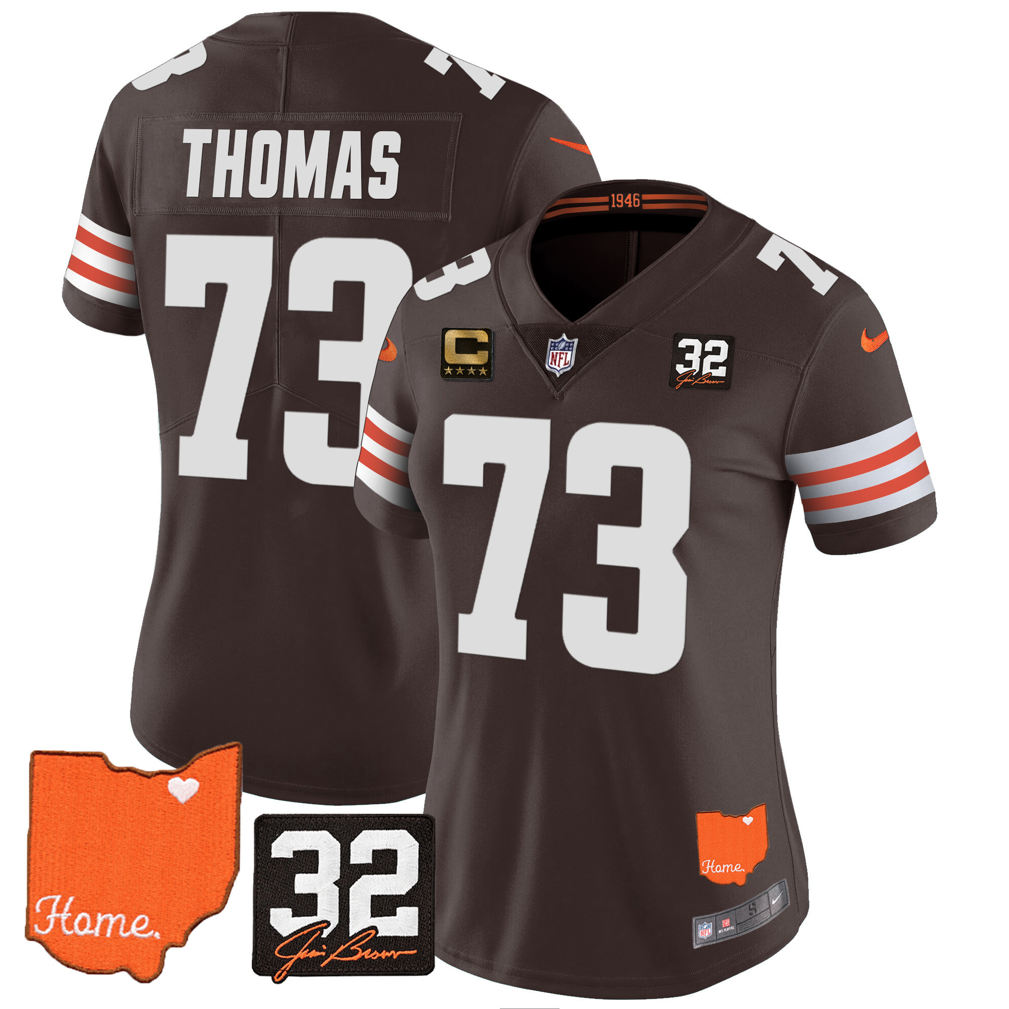 Joe Thomas Women's Cleveland Browns #32 Jim Brown Memorial & Home Patch Jersey - All Stitched