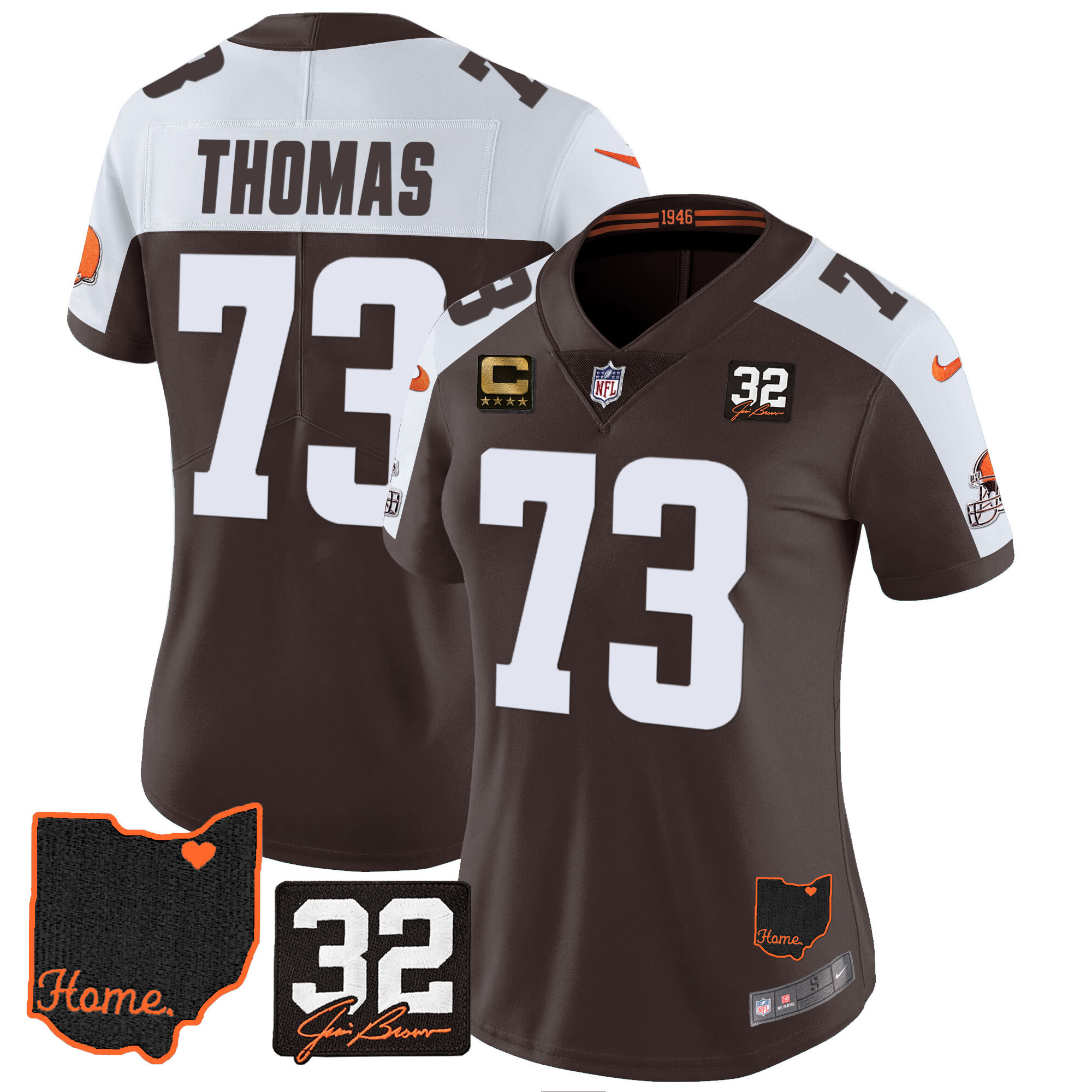 Joe Thomas Women's Cleveland Browns #32 Jim Brown Memorial & Home Patch V3 Alternate Jersey - All Stitched