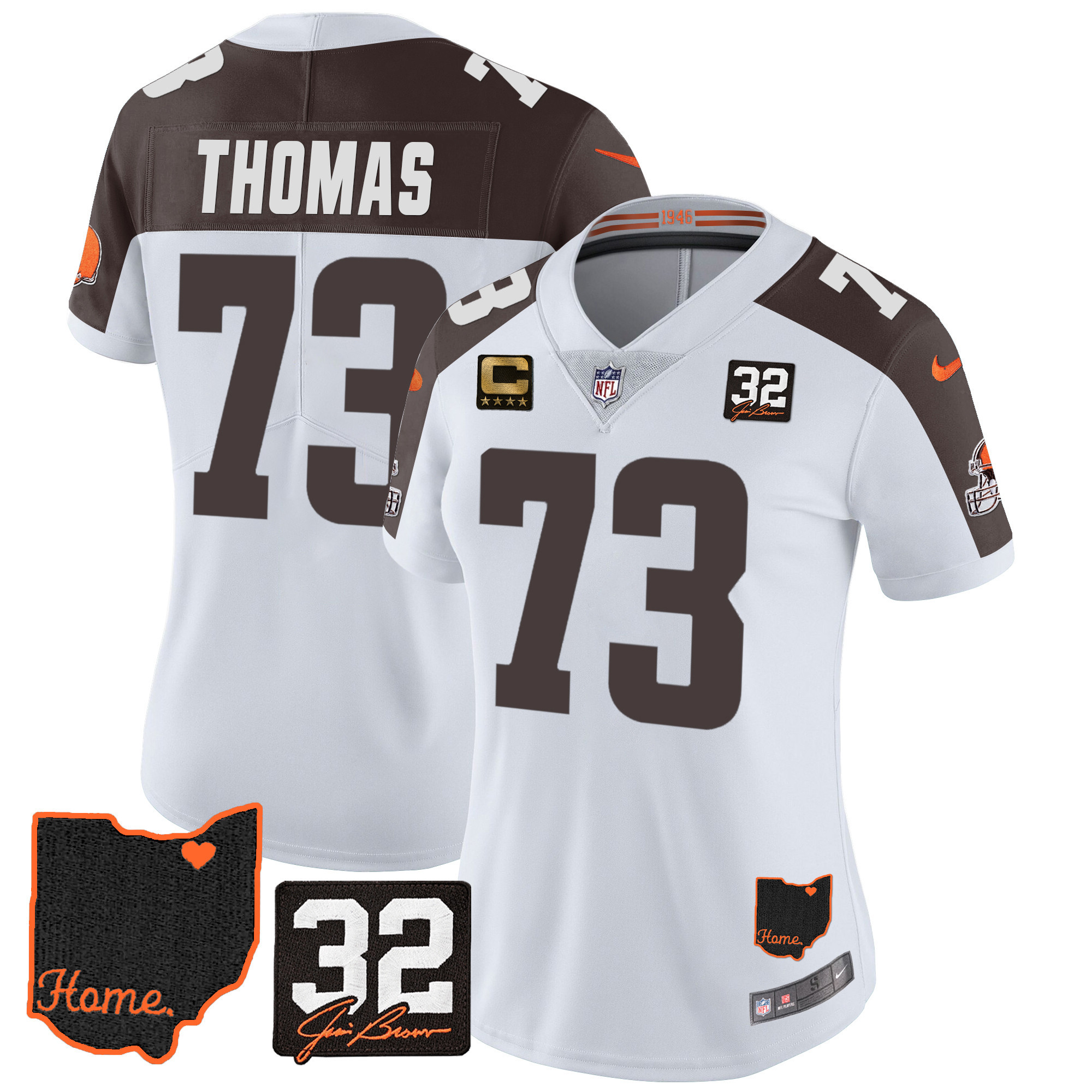 Joe Thomas Women's Cleveland Browns #32 Jim Brown Memorial & Home Patch V3 Inverted Jersey - All Stitched