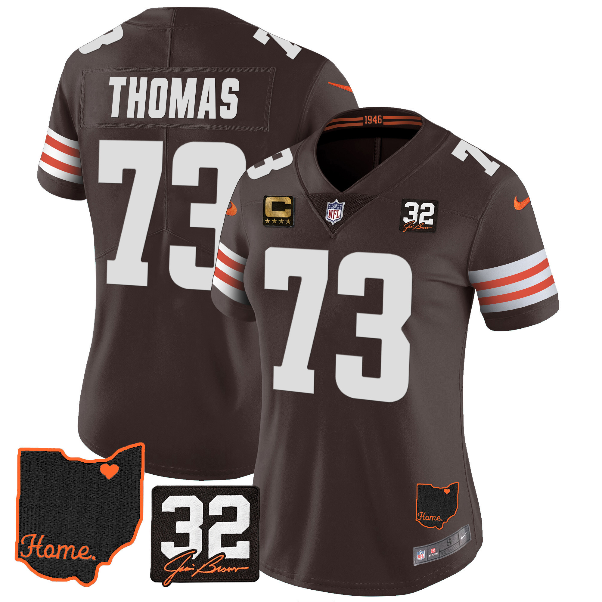 Joe Thomas Women's Cleveland Browns #32 Jim Brown Memorial & Home Patch V3 Jersey - All Stitched
