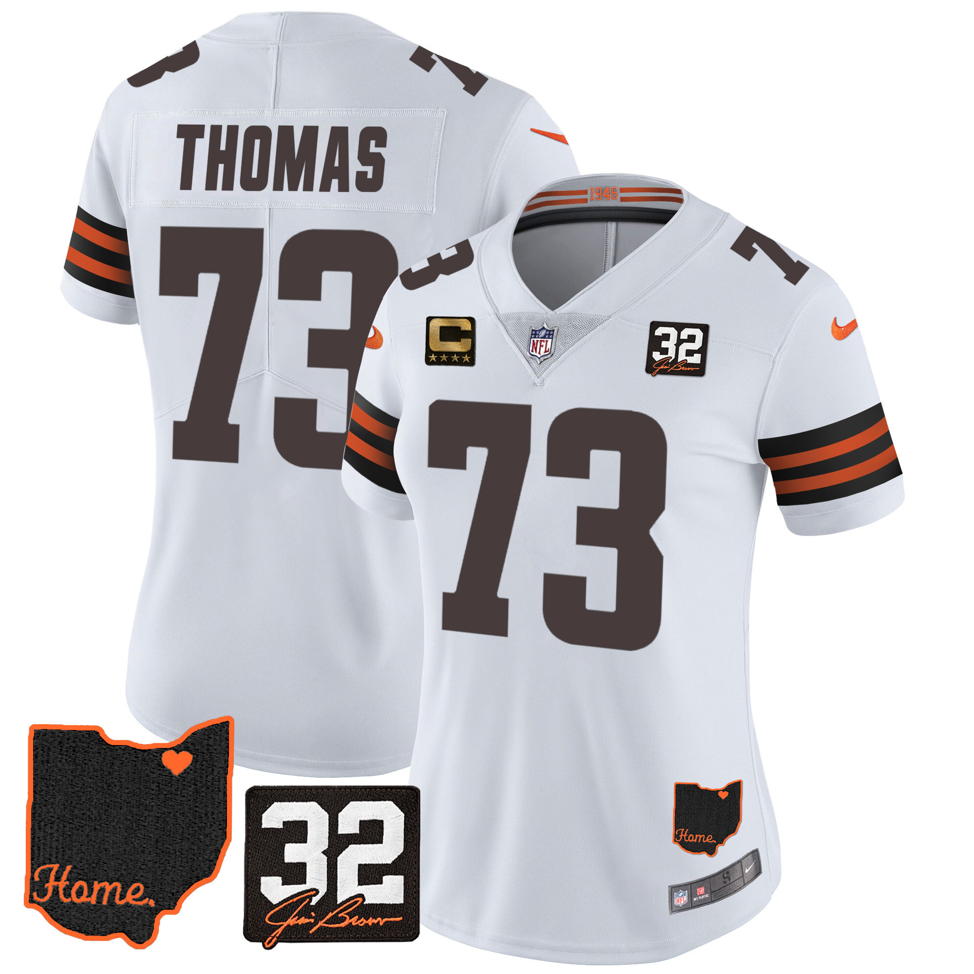 Joe Thomas Women's Cleveland Browns #32 Jim Brown Memorial & Home Patch V3 White Jersey - All Stitched