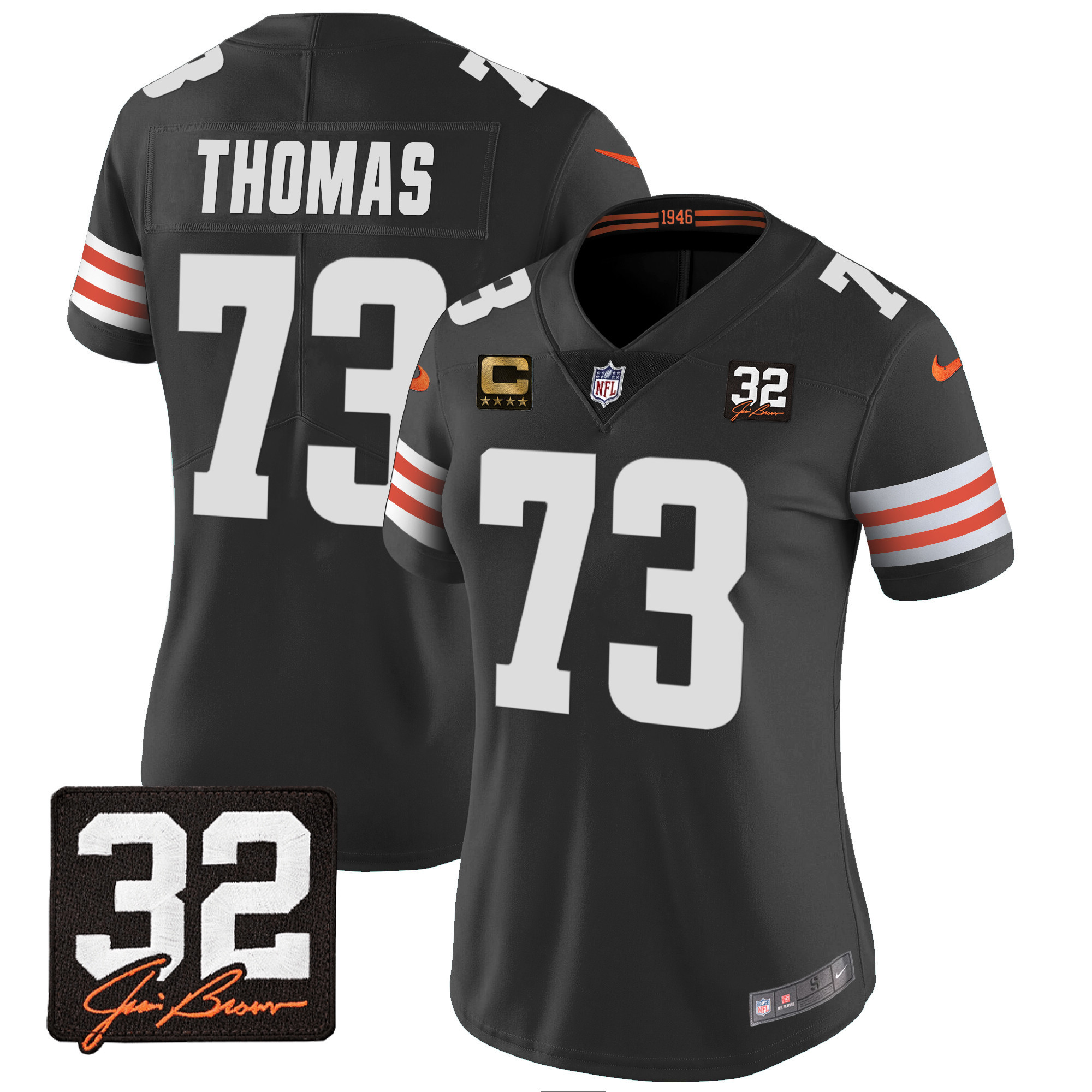 Joe Thomas Women's Cleveland Browns #32 Jim Brown Memorial Patch Black Jersey - All Stitched