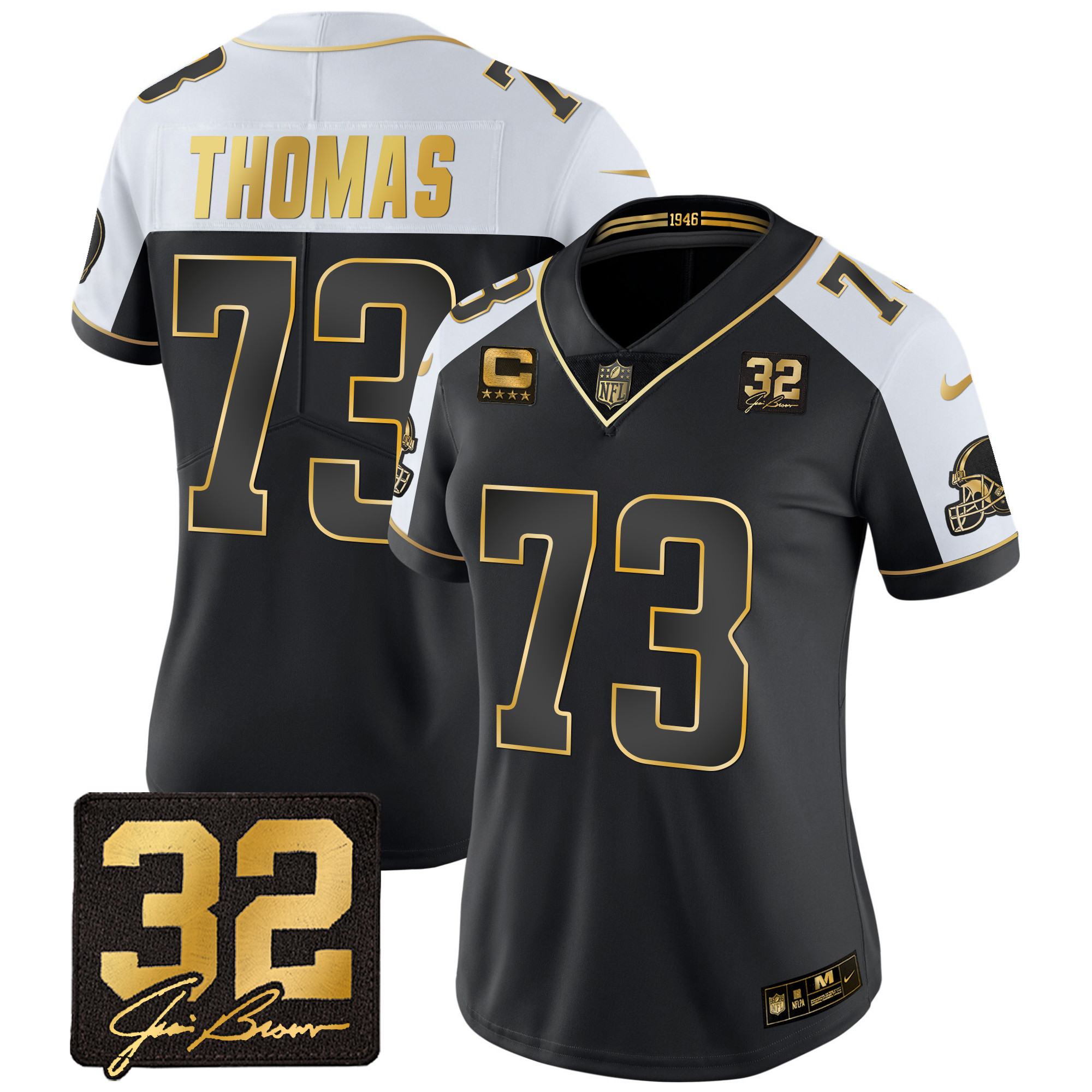 Joe Thomas Women's Cleveland Browns #32 Jim Brown Memorial Patch Gold Alternate Jersey - All Stitched