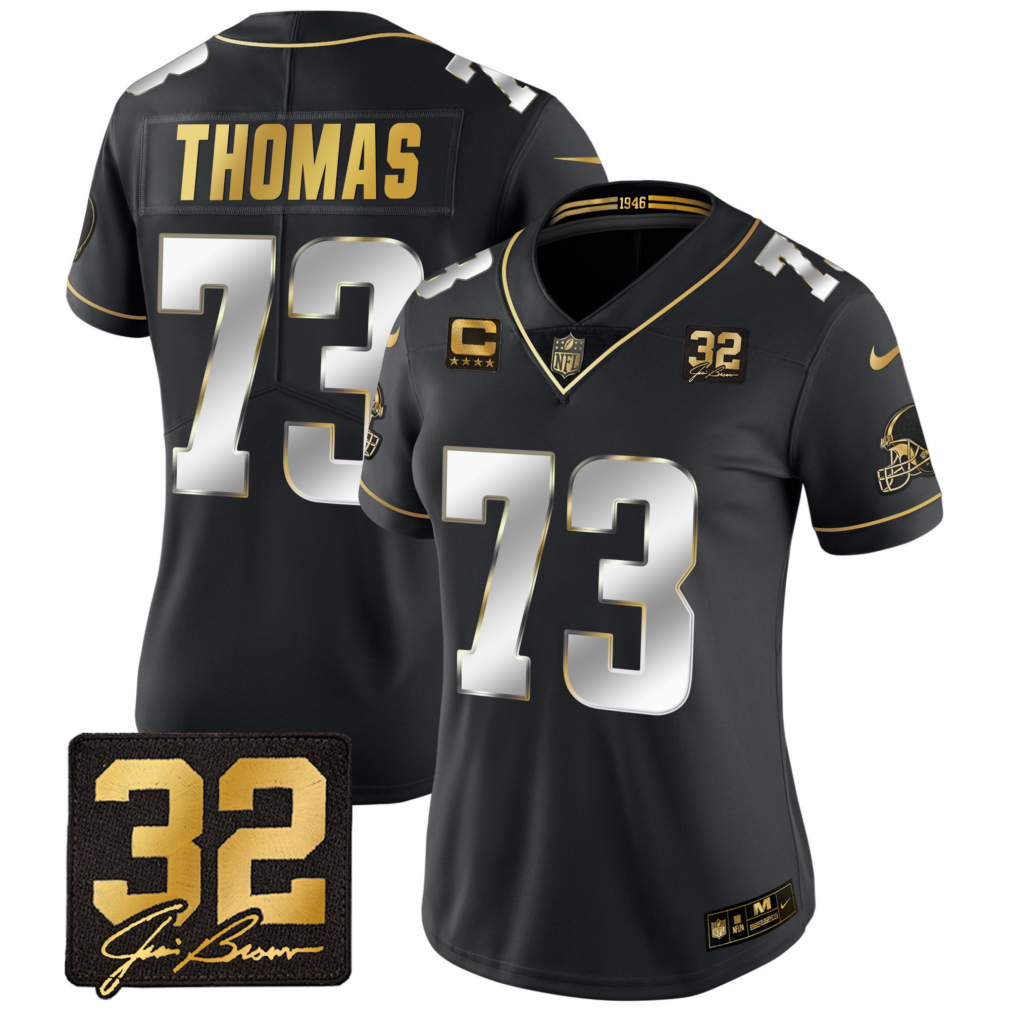 Joe Thomas Women's Cleveland Browns #32 Jim Brown Memorial Patch Gold Black Limited Jersey - All Stitched