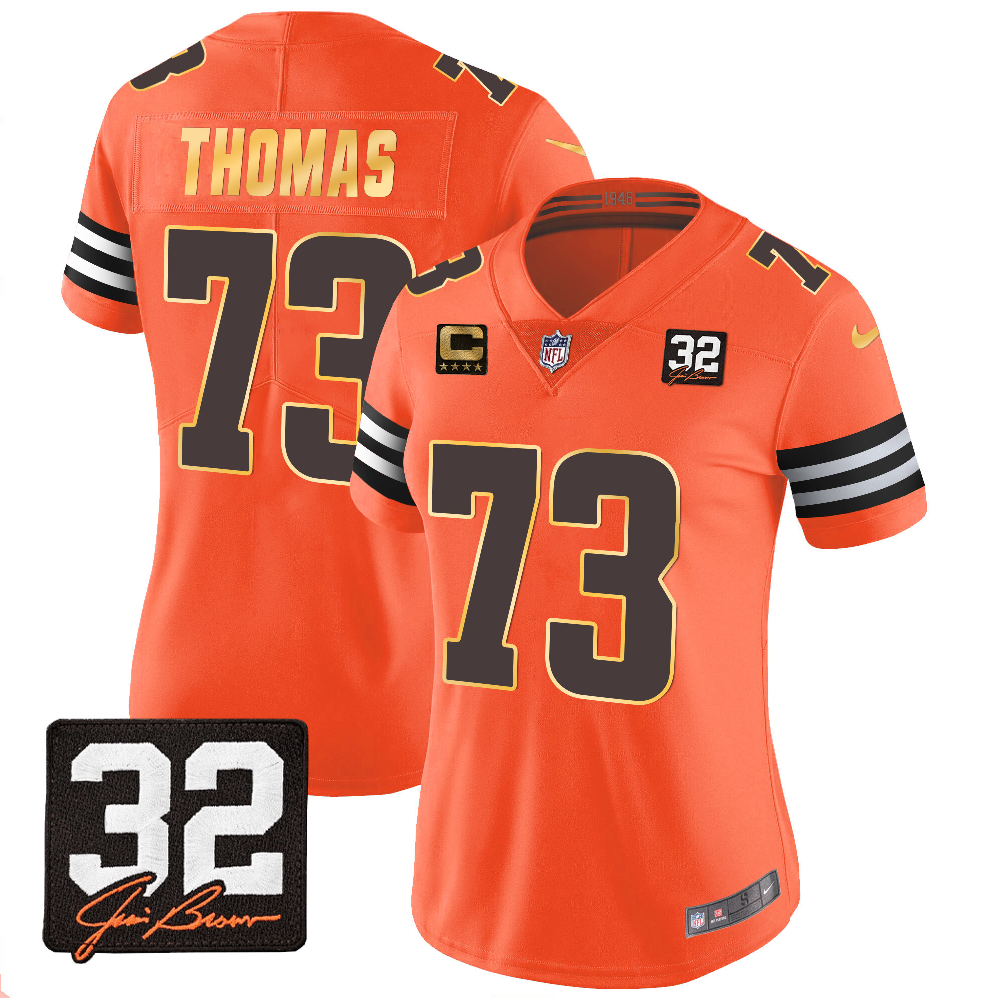 Joe Thomas Women's Cleveland Browns #32 Jim Brown Memorial Patch Gold Trim Orange Jersey - All Stitched