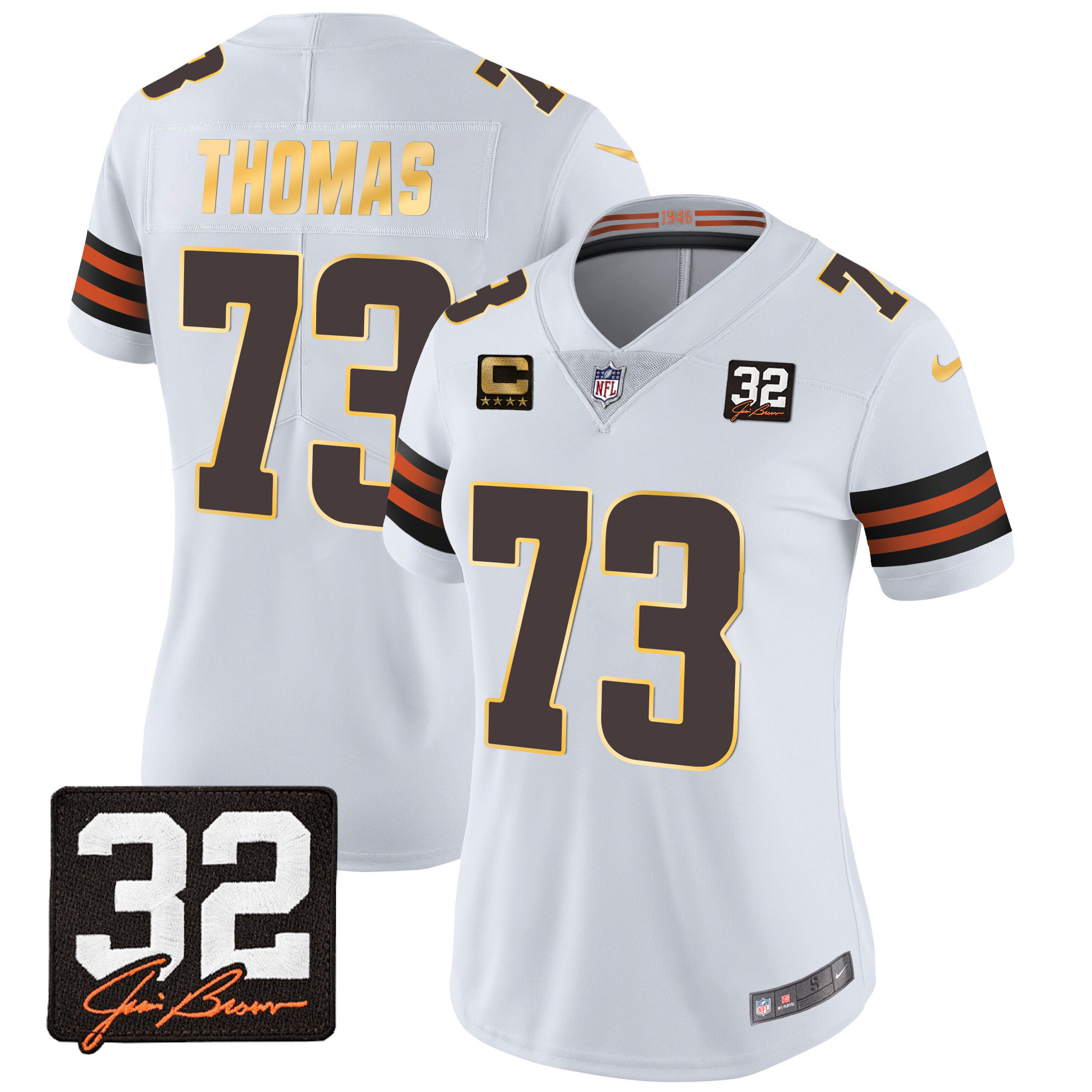 Joe Thomas Women's Cleveland Browns #32 Jim Brown Memorial Patch Gold Trim White Jersey - All Stitched