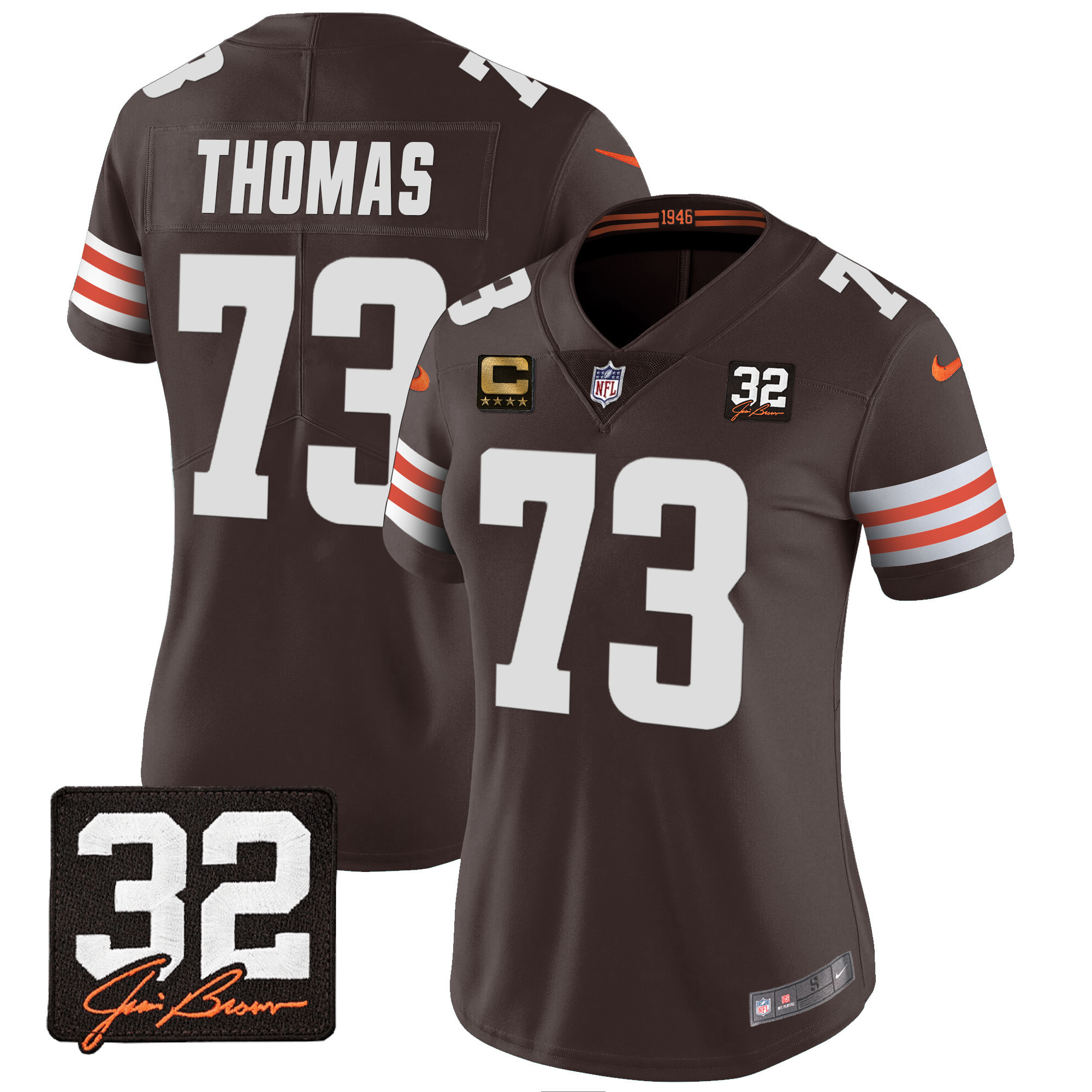 Joe Thomas Women's Cleveland Browns #32 Jim Brown Memorial Patch Jersey - All Stitched