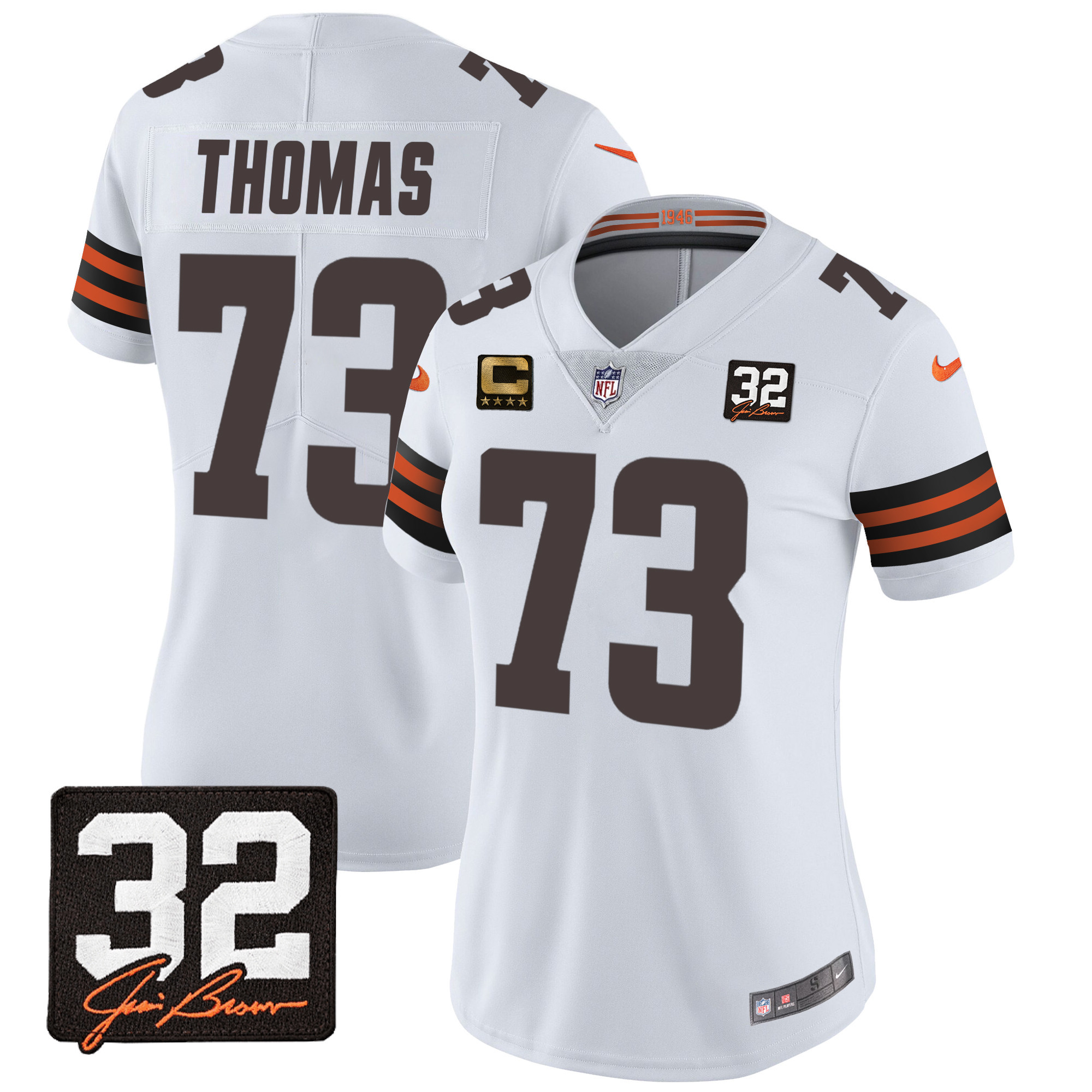 Joe Thomas Women's Cleveland Browns #32 Jim Brown Memorial Patch White Jersey - All Stitched