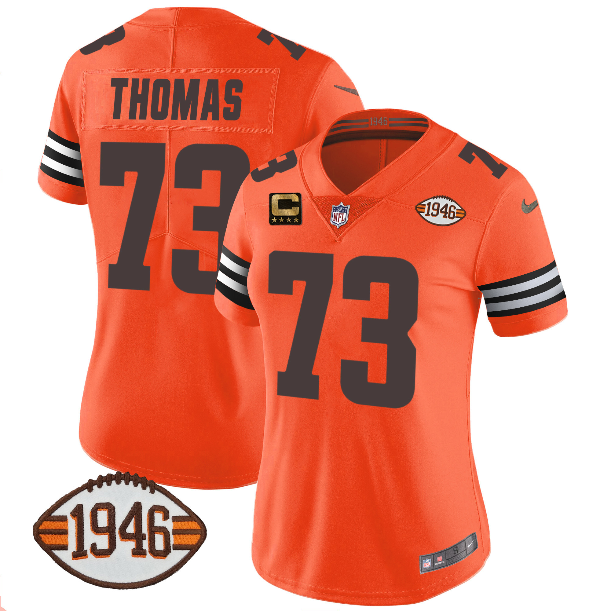Joe Thomas Women's Cleveland Browns 1946 75th Anniversary Patch Orange Jersey - All Stitched