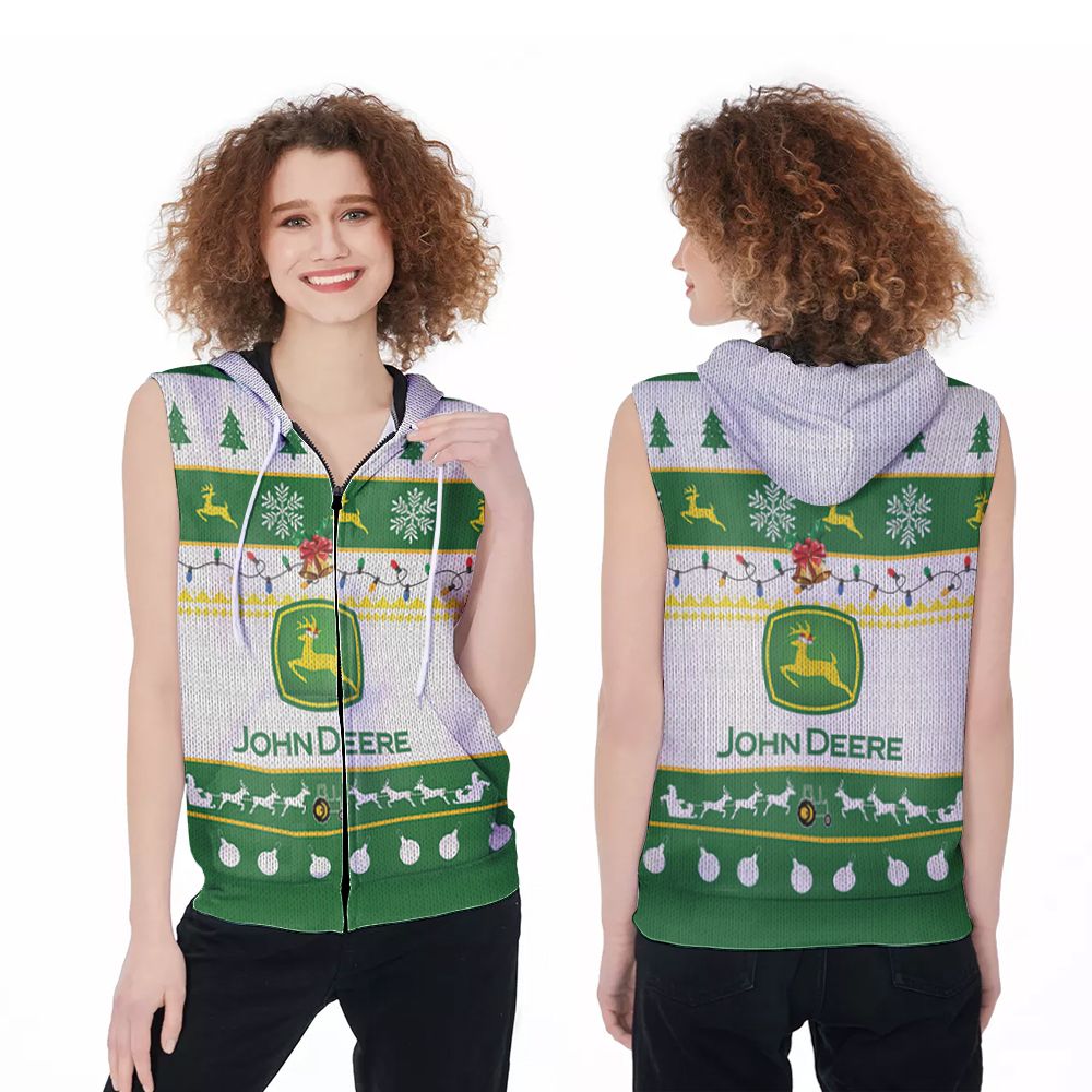 John Deere Logo Christmas Pattern 3D Printed Polo Gift For John Deer Lovers Zip Sleeveless Hoodie