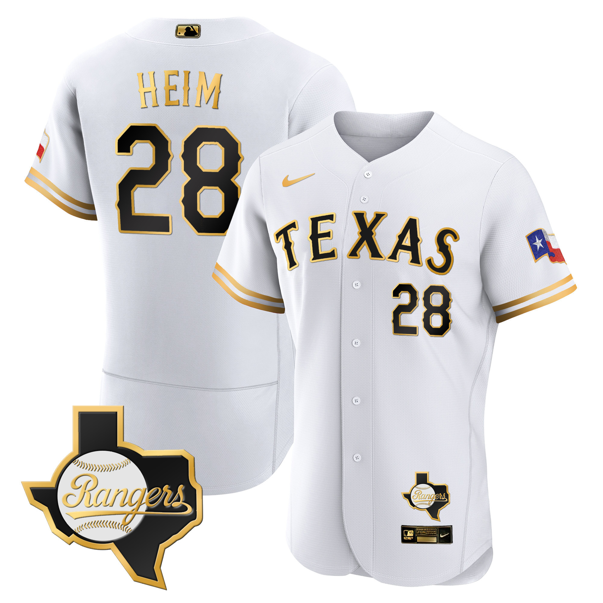 Jonah Heim Men's Texas Rangers 2023 Flex Base - Texas Patch White Gold Jersey - All Stitched
