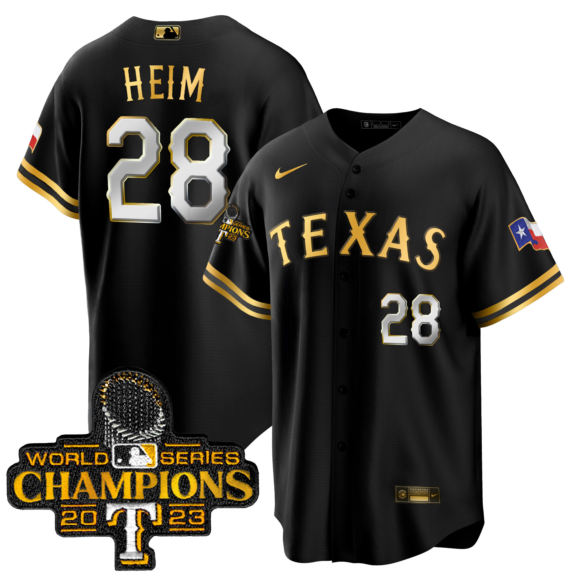 Jonah Heim Men's Texas Rangers 2023 World Series Champions Cool Base Black Gold Jersey - All Stitched