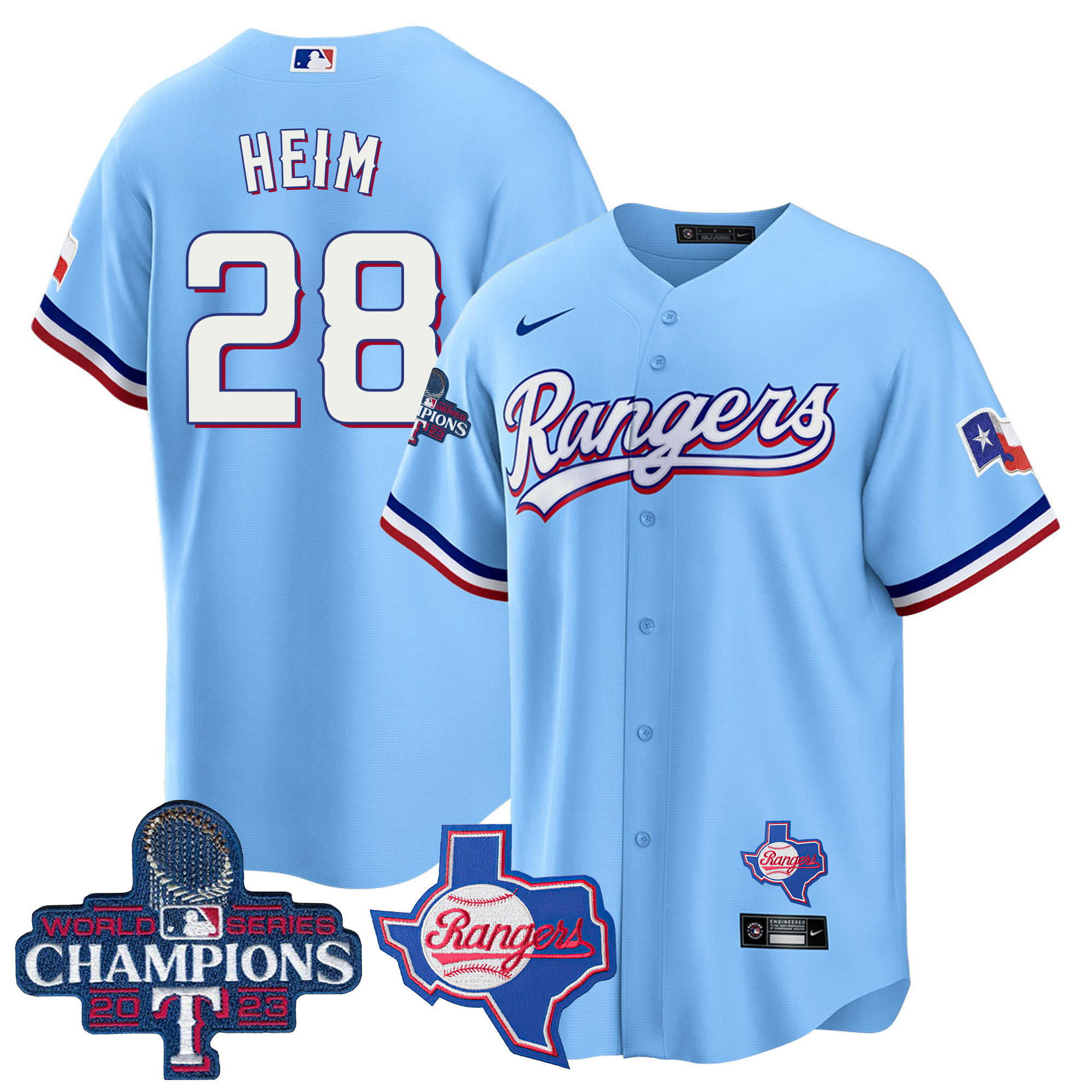 Jonah Heim Men's Texas Rangers 2023 World Series Champions Cool Base V2 Blue Jersey - All Stitched