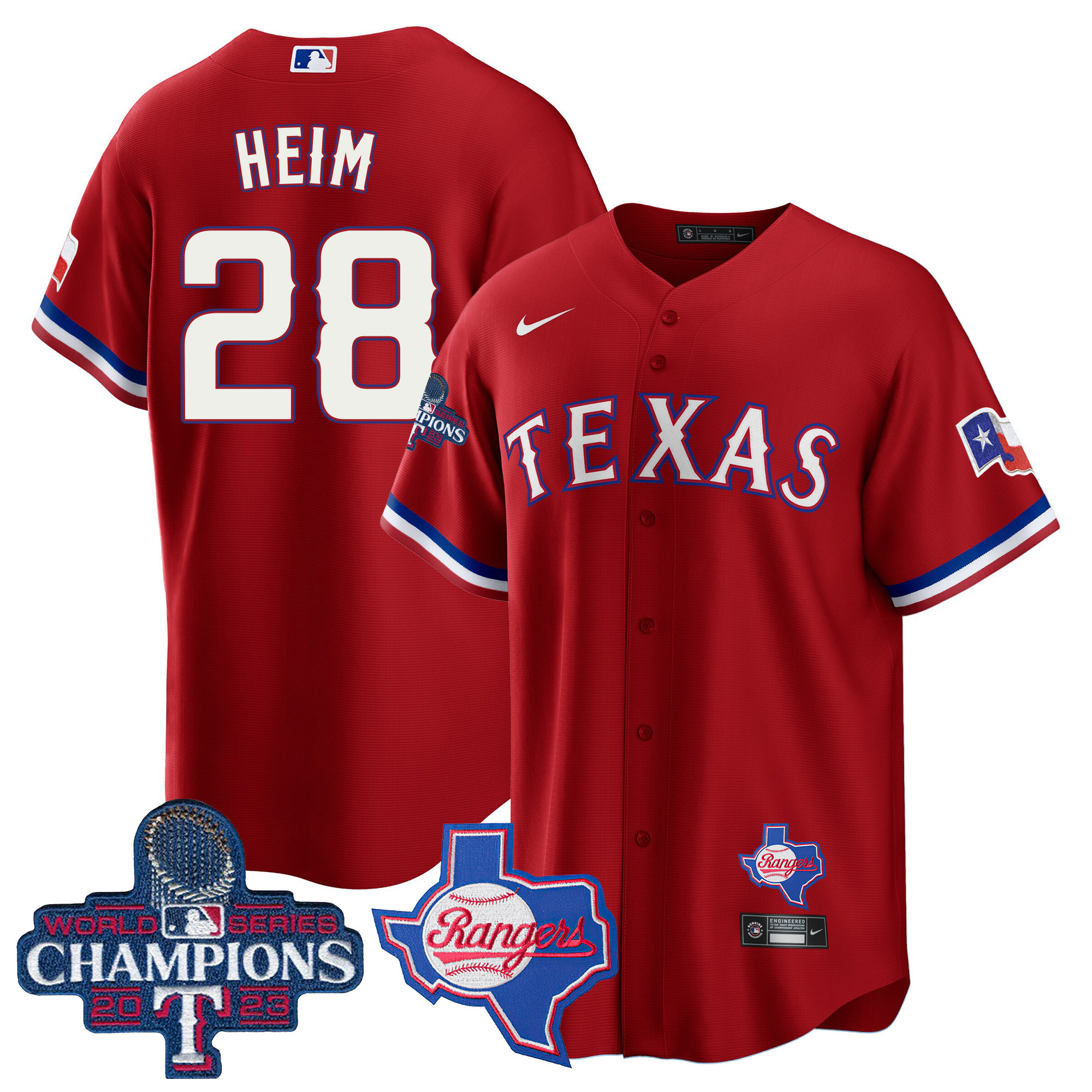 Jonah Heim Men's Texas Rangers 2023 World Series Champions Cool Base V2 Red Jersey - All Stitched