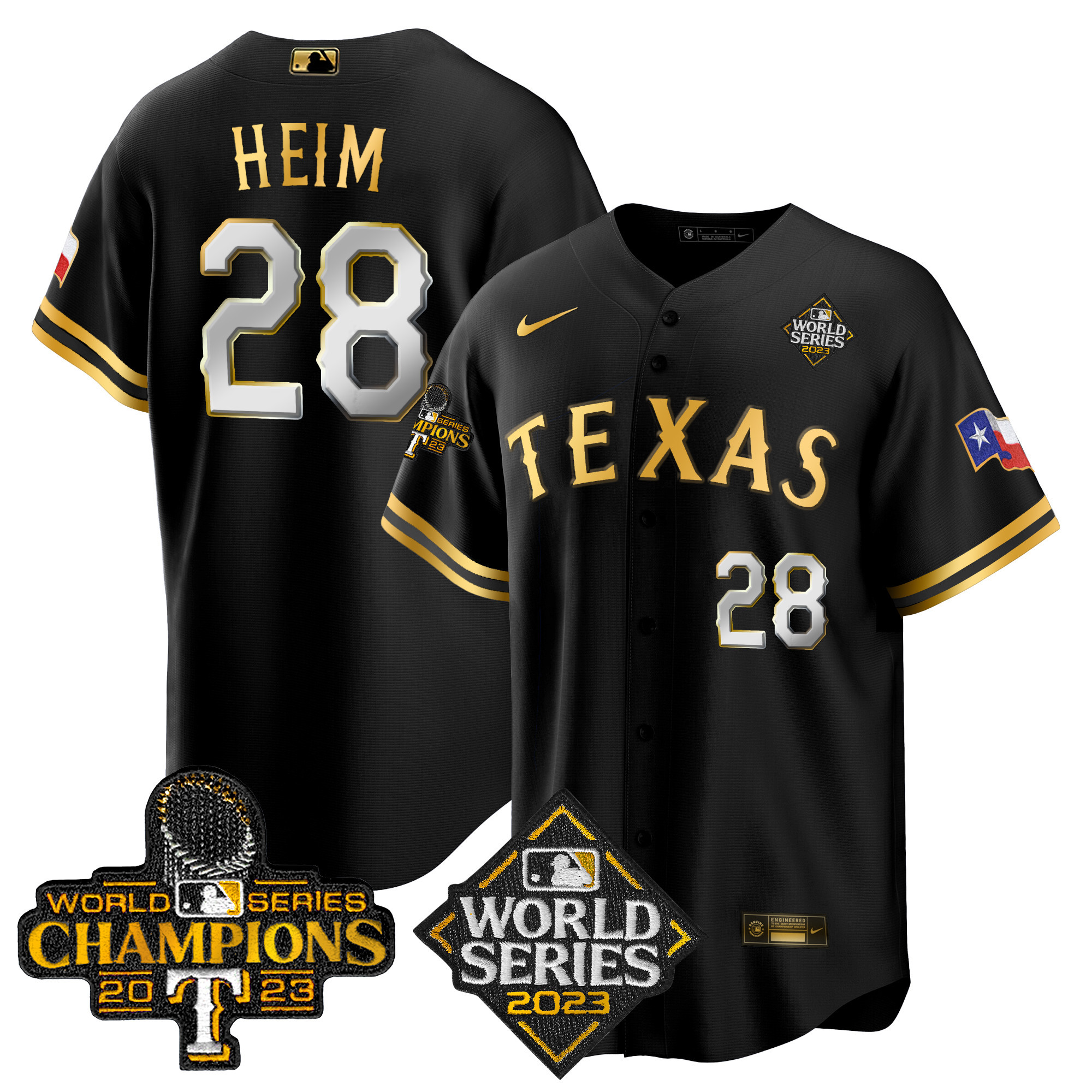 Jonah Heim Men's Texas Rangers 2023 World Series Champions Cool Base V4 Black Gold Jersey - All Stitched
