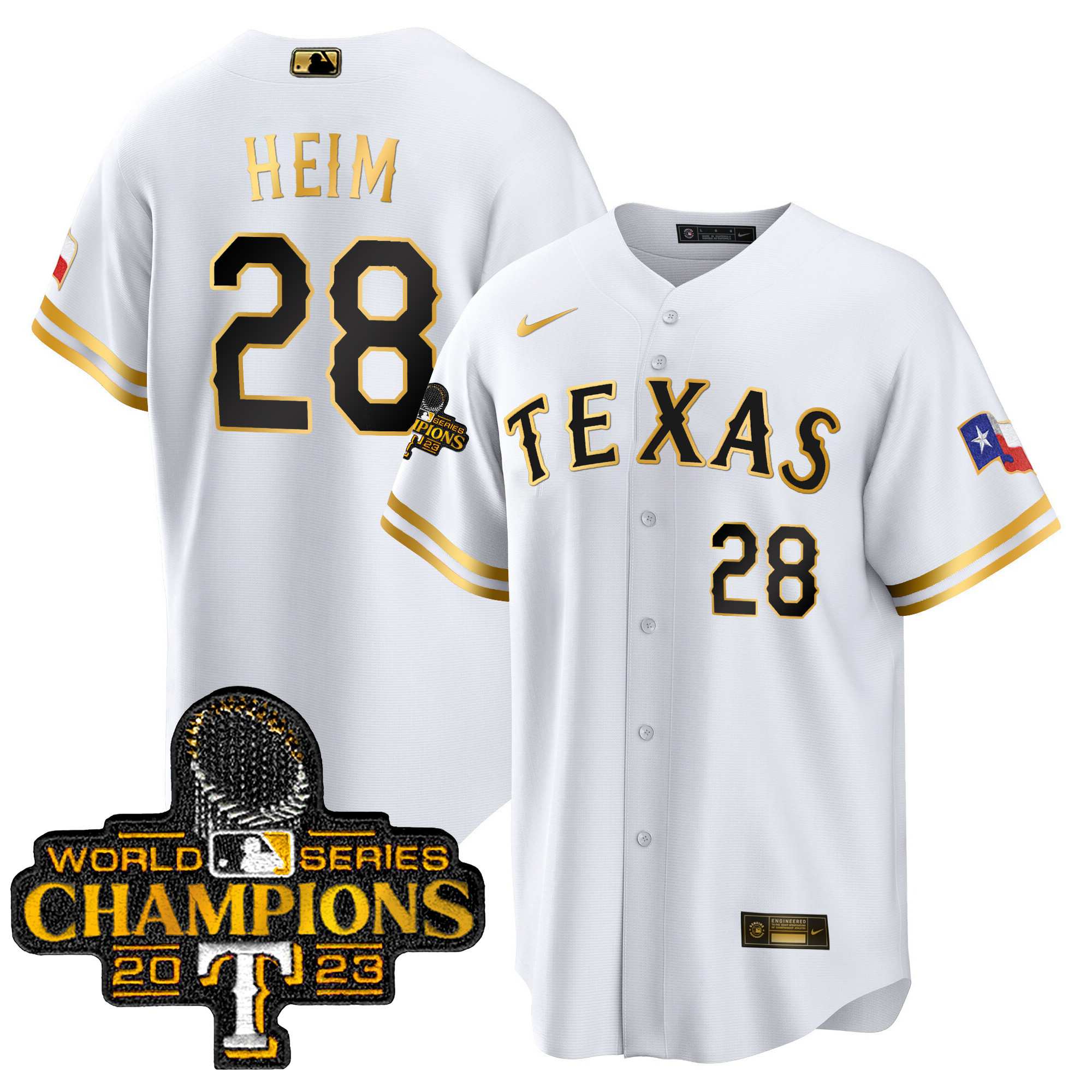 Jonah Heim Men's Texas Rangers 2023 World Series Champions Cool Base White Gold Jersey - All Stitched