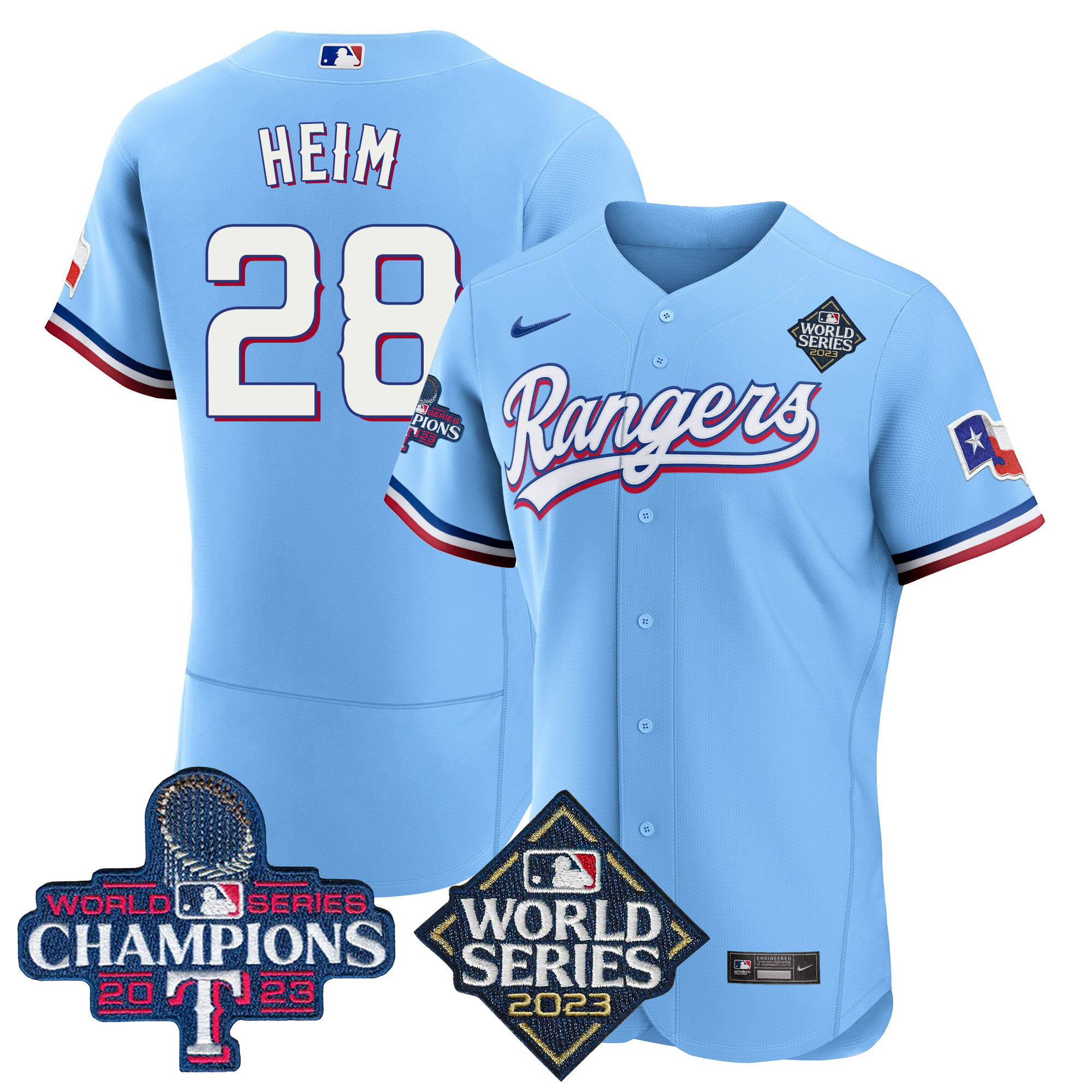 Jonah Heim Men's Texas Rangers 2023 World Series Champions Flex Base V4 Blue Jersey - All Stitched
