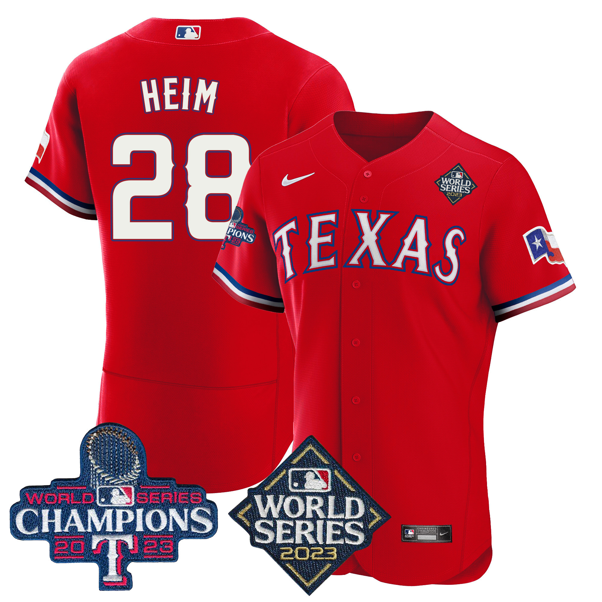 Jonah Heim Men's Texas Rangers 2023 World Series Champions Flex Base V4 Red Jersey - All Stitched