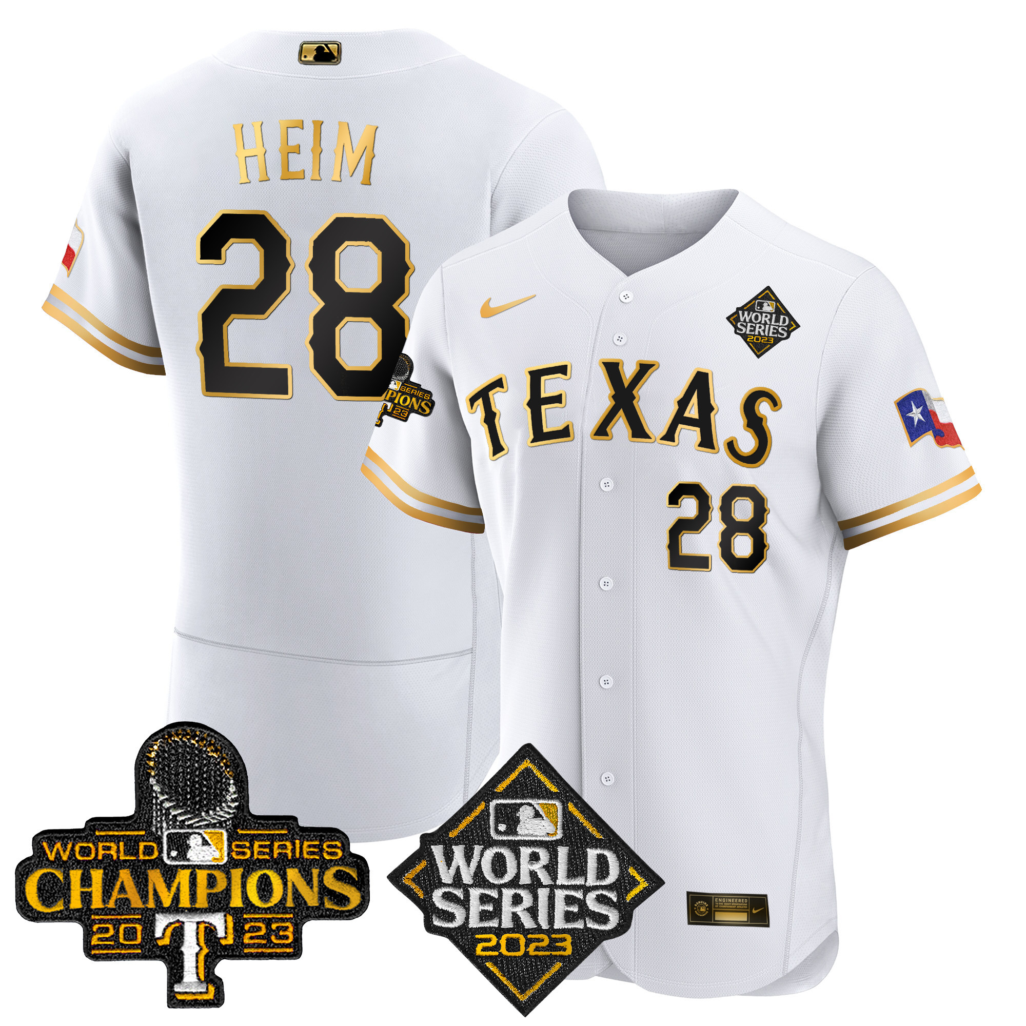 Jonah Heim Men's Texas Rangers 2023 World Series Champions Flex Base V4 White Gold Jersey - All Stitched