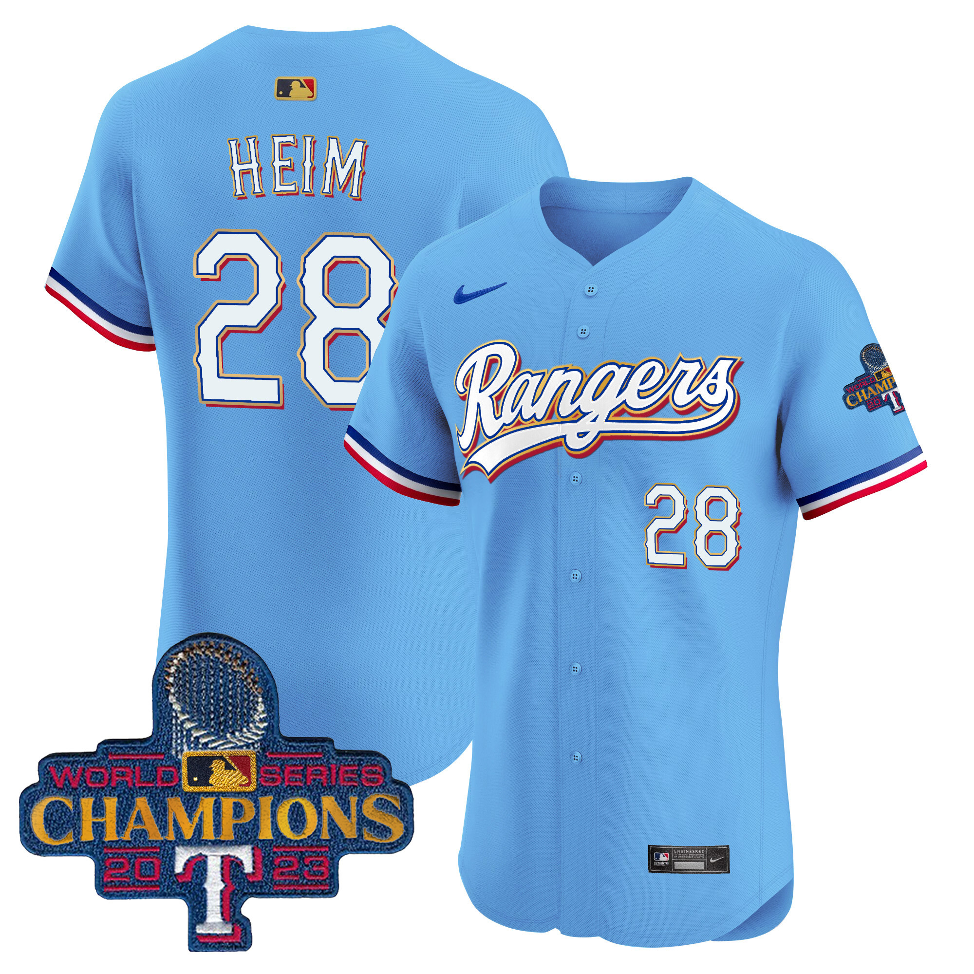 Jonah Heim Men's Texas Rangers 2023 World Series Champions Gold Trim Vapor Premier Elite Blue Jersey - All Stitched