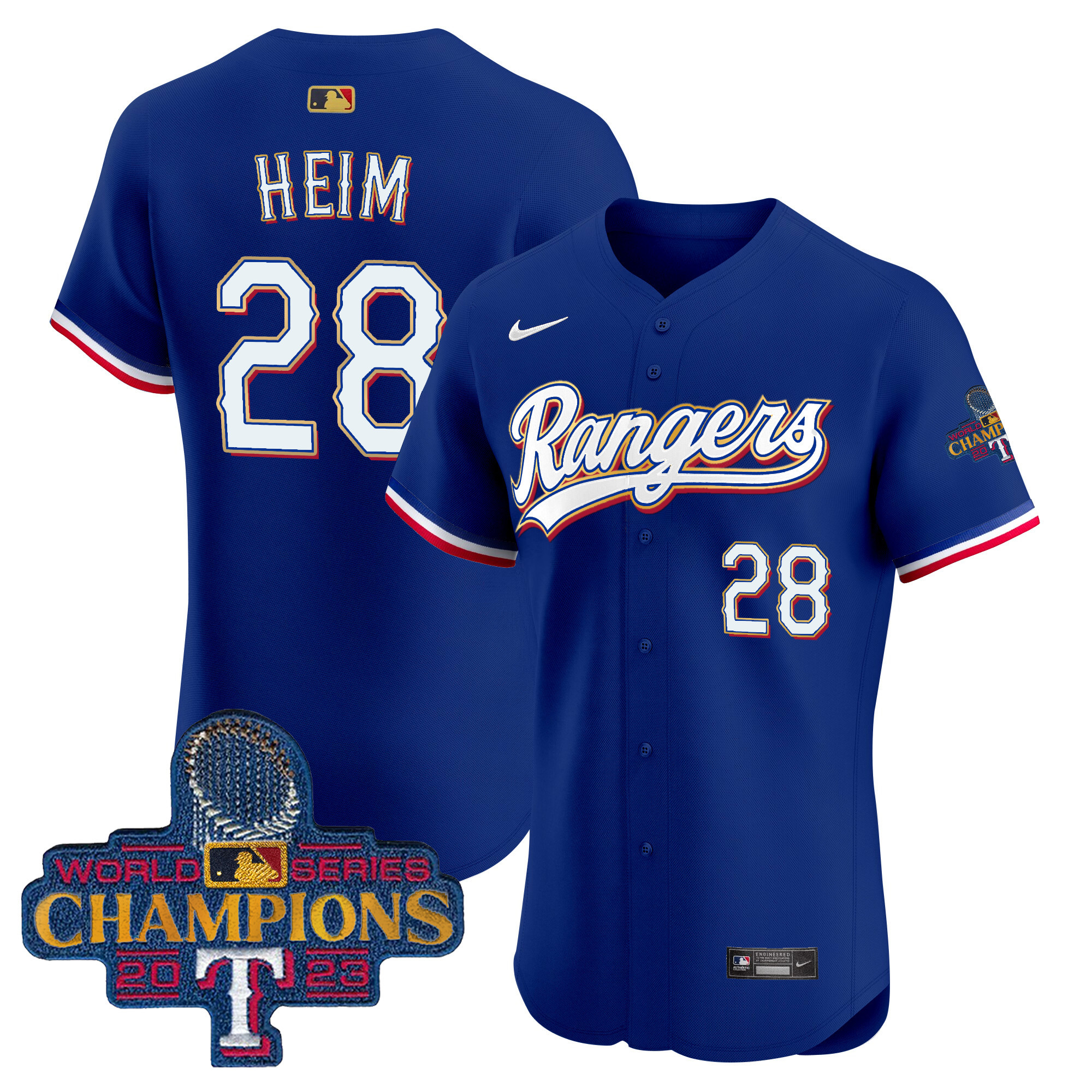 Jonah Heim Men's Texas Rangers 2023 World Series Champions Gold Trim Vapor Premier Elite Royal Jersey - All Stitched