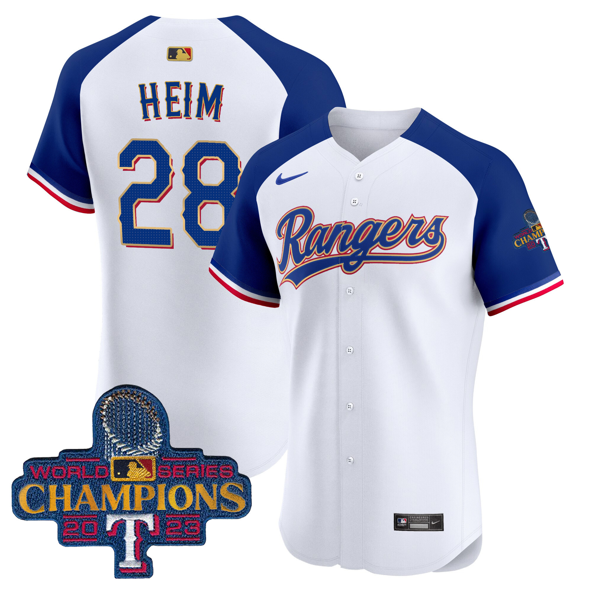 Jonah Heim Men's Texas Rangers 2023 World Series Champions Gold Trim Vapor Premier Elite White Alternate Jersey - All Stitched