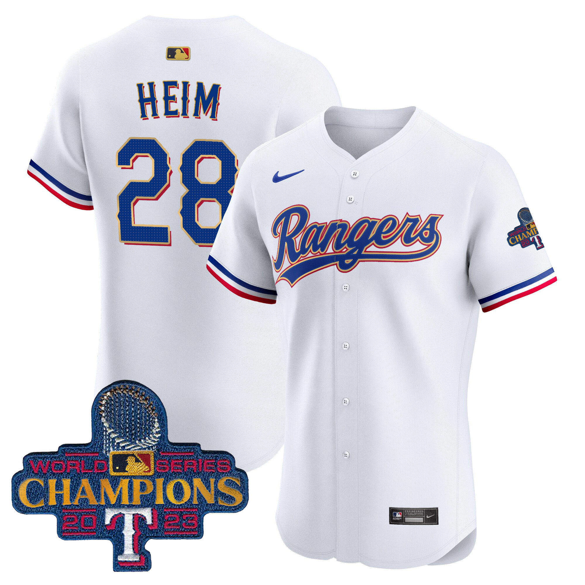 Jonah Heim Men's Texas Rangers 2023 World Series Champions Gold Trim Vapor Premier Elite White Jersey - All Stitched